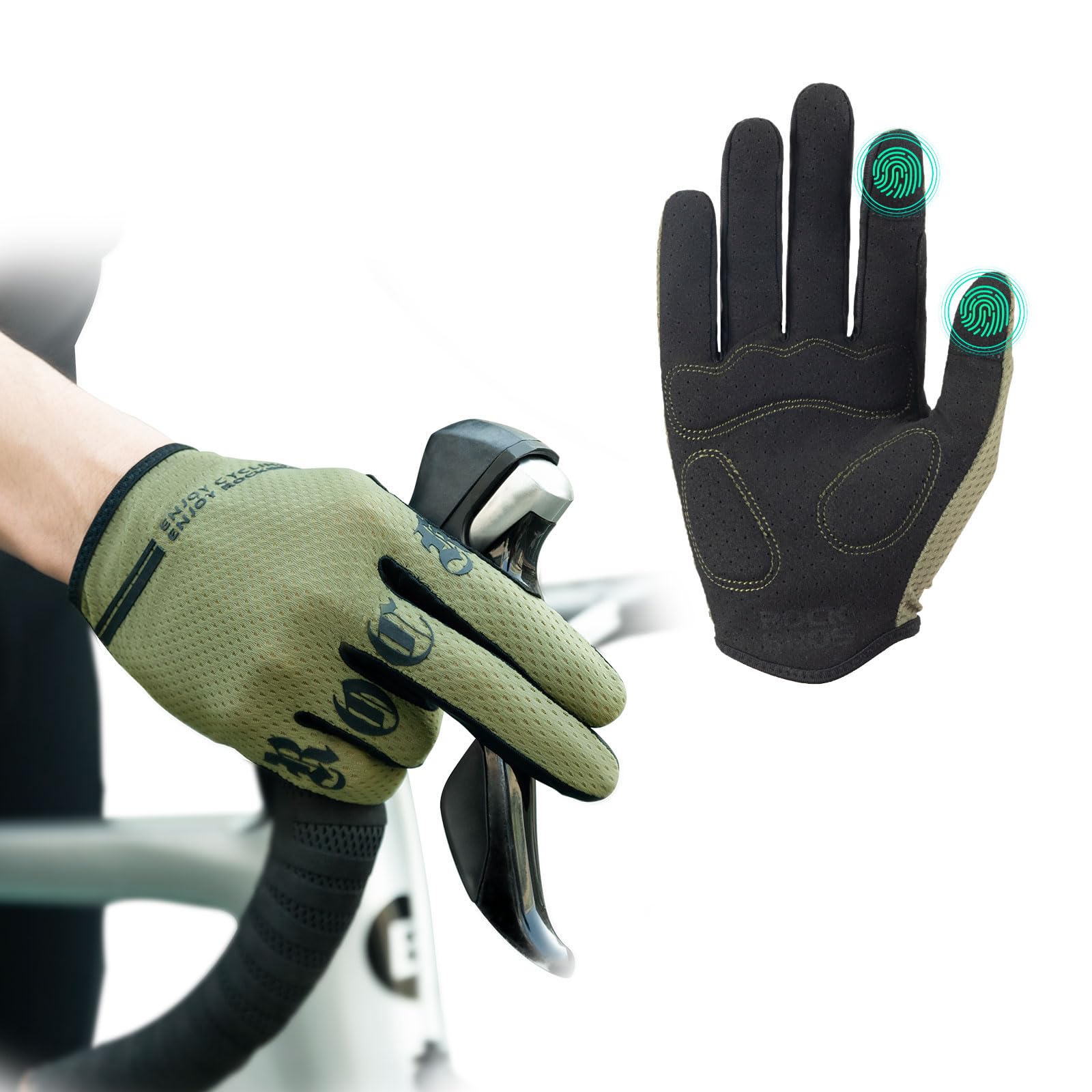 ROCKBROS Full Finger Touchscreen Cycling Gloves – Perfect for Spring and Summer #Color_Moss Green