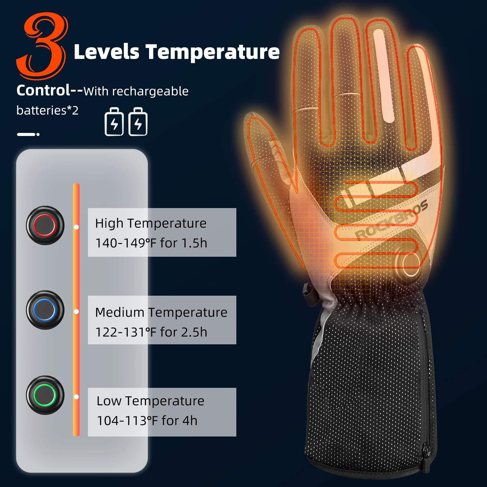 ROCKBROS Heated Gloves Winter Touchscreen 3 Gear Electric Cycling Gloves