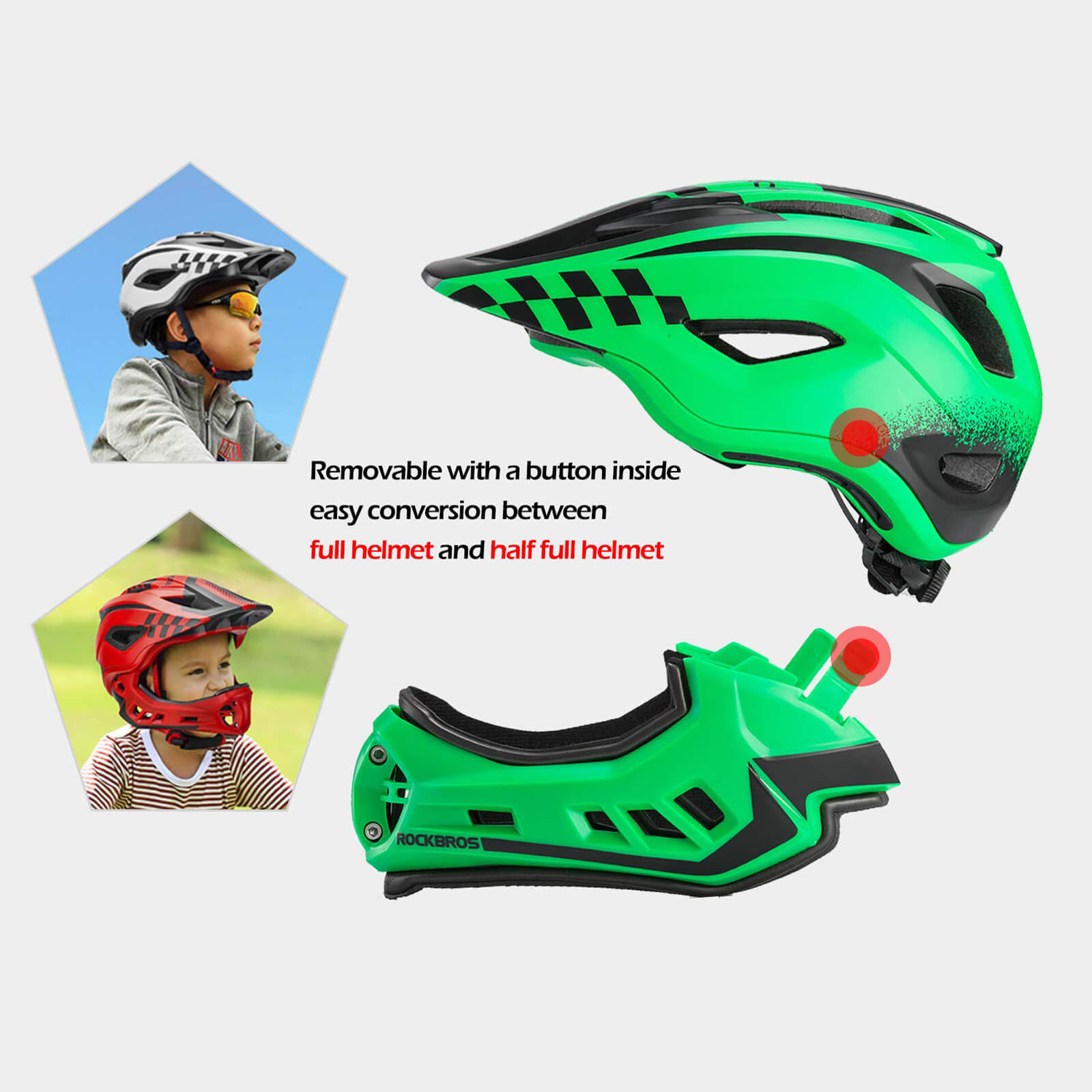 ROCKBROS Kids Full Face Bike Helmet Detachable Chin for MTB BMX Skateboard #Color_Green