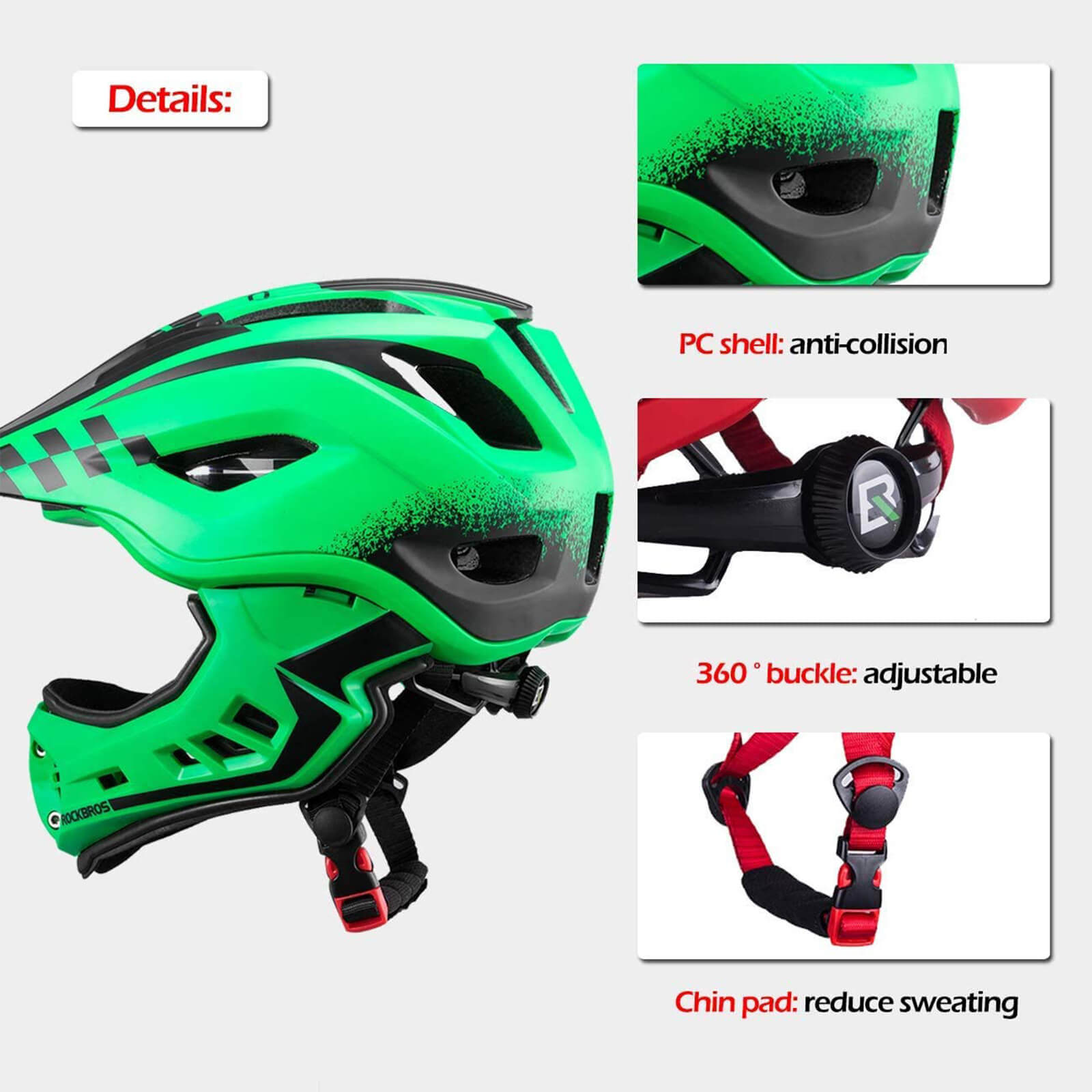 ROCKBROS Kids Full Face Bike Helmet Detachable Chin for MTB BMX Skateboard #Color_Green