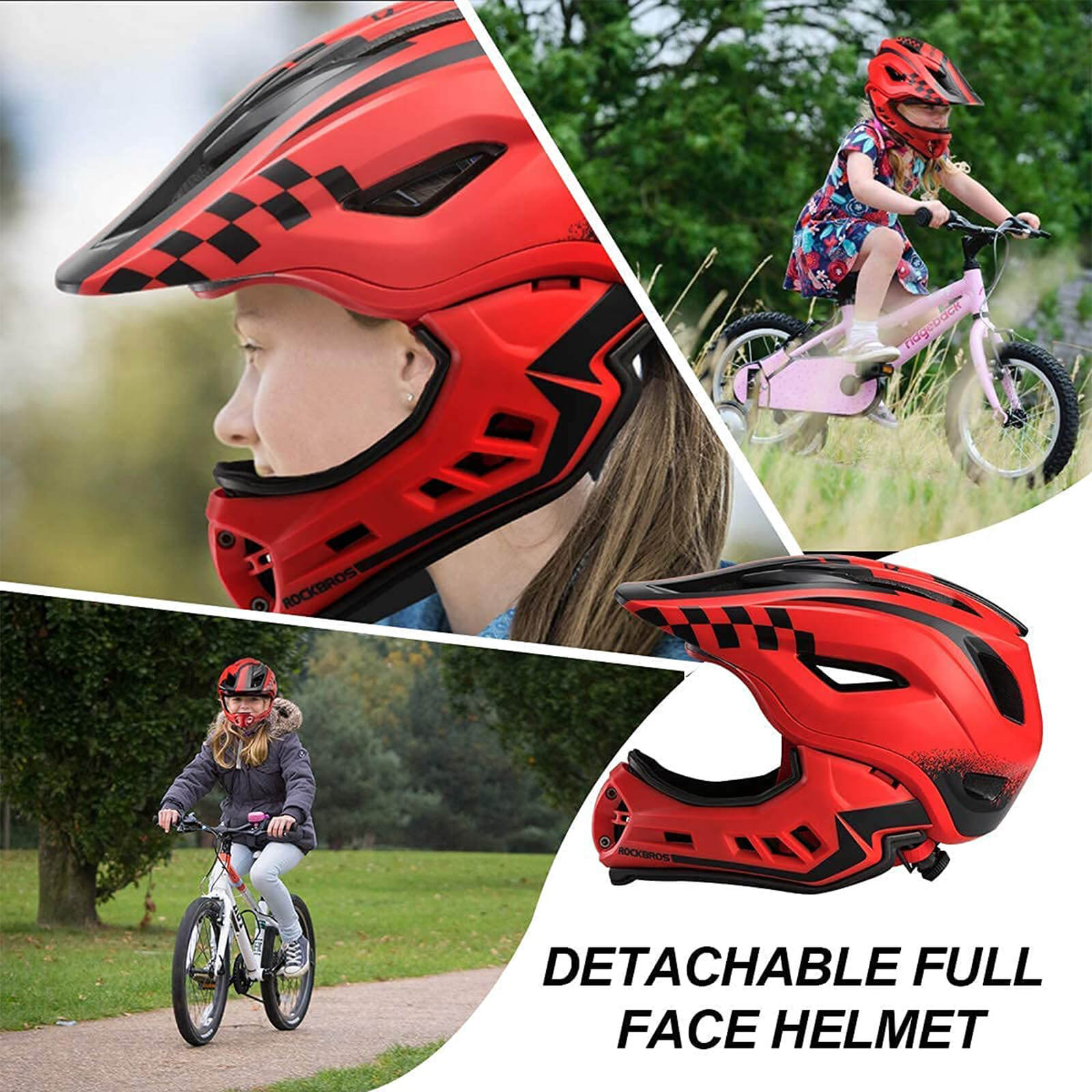 ROCKBROS Kids Full Face Bike Helmet Detachable Chin for MTB BMX Skateboard #Color_Red