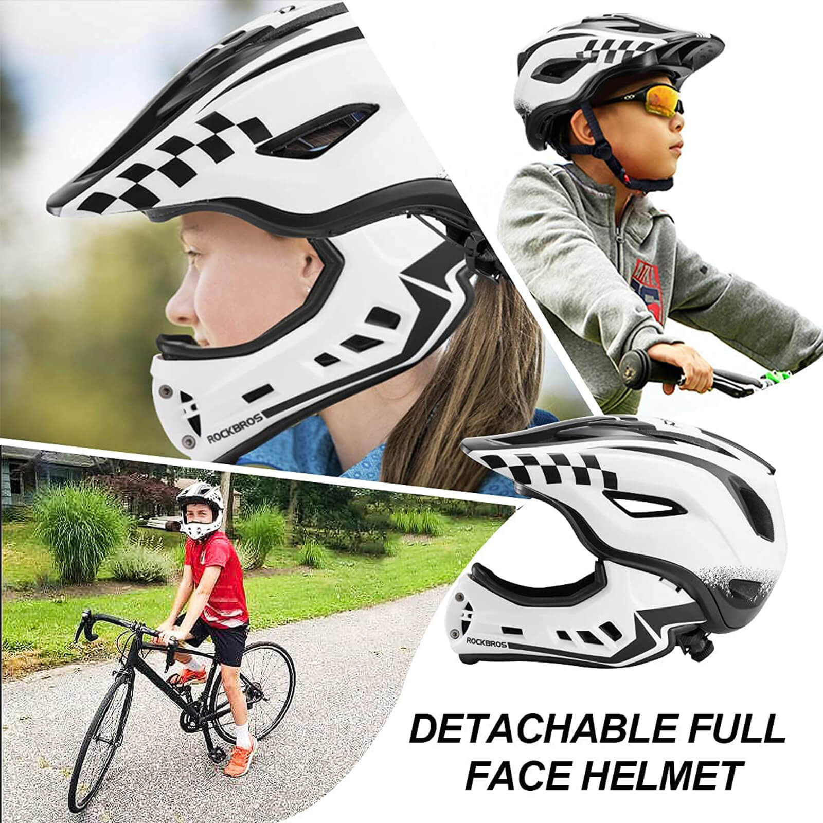 ROCKBROS Kids Full Face Bike Helmet Detachable Chin for MTB BMX Skateboard #Color_White