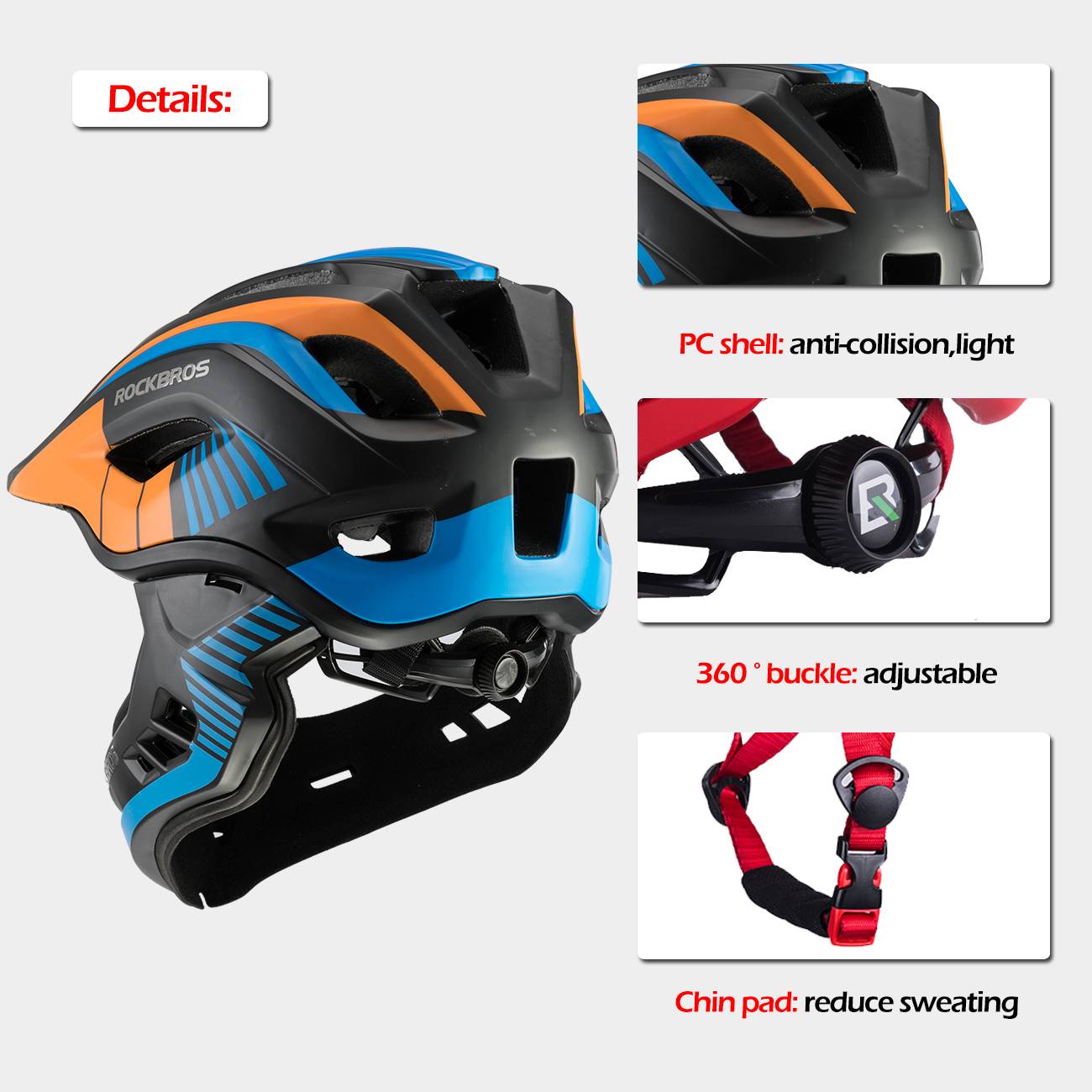 ROCKBROS Kids Helmet Full Face Protective Detachable 3-16 Youth Child #Color_Black Orange