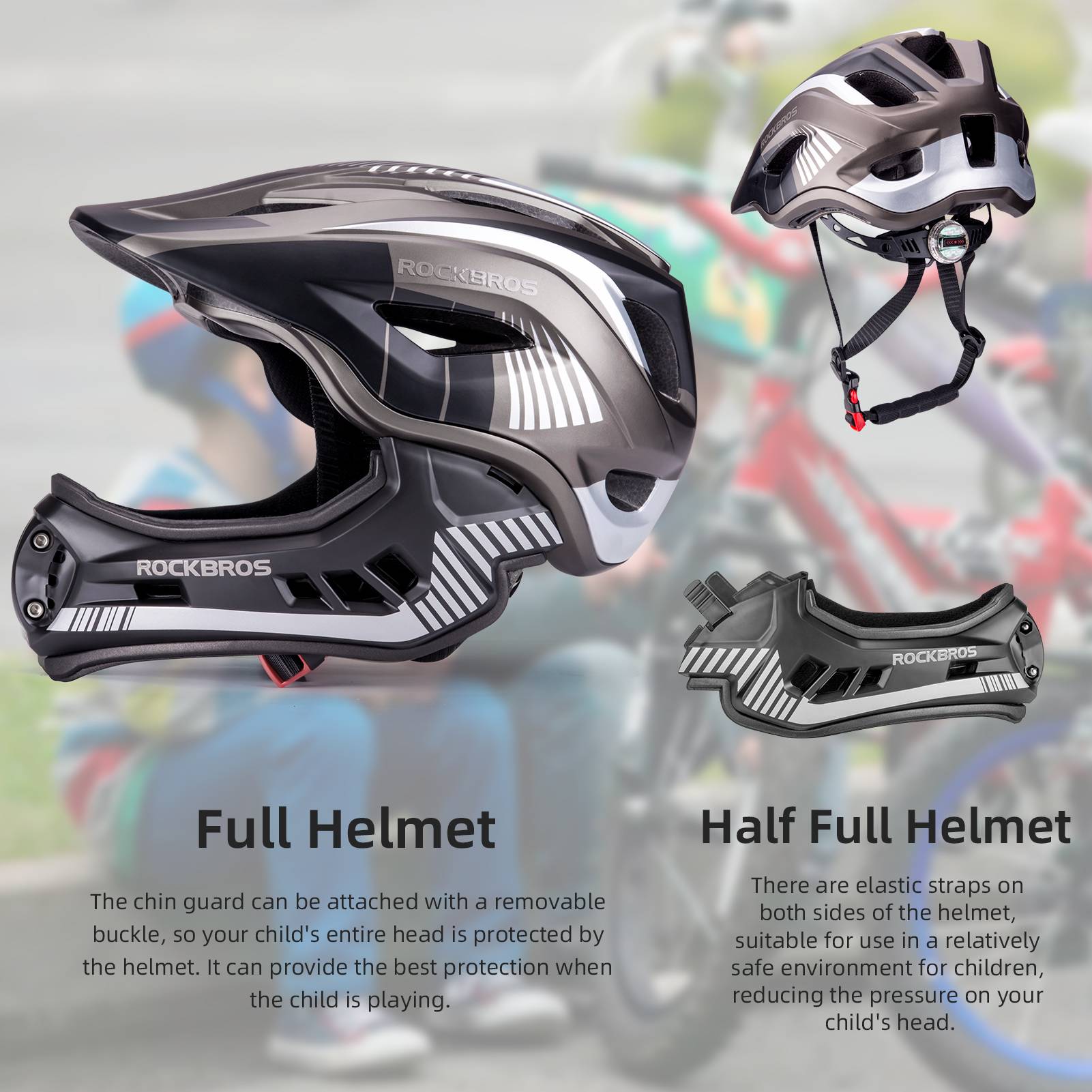 ROCKBROS Kids Helmet Full Face Protective Detachable 3-16 Youth Child #Color_Black Titanium