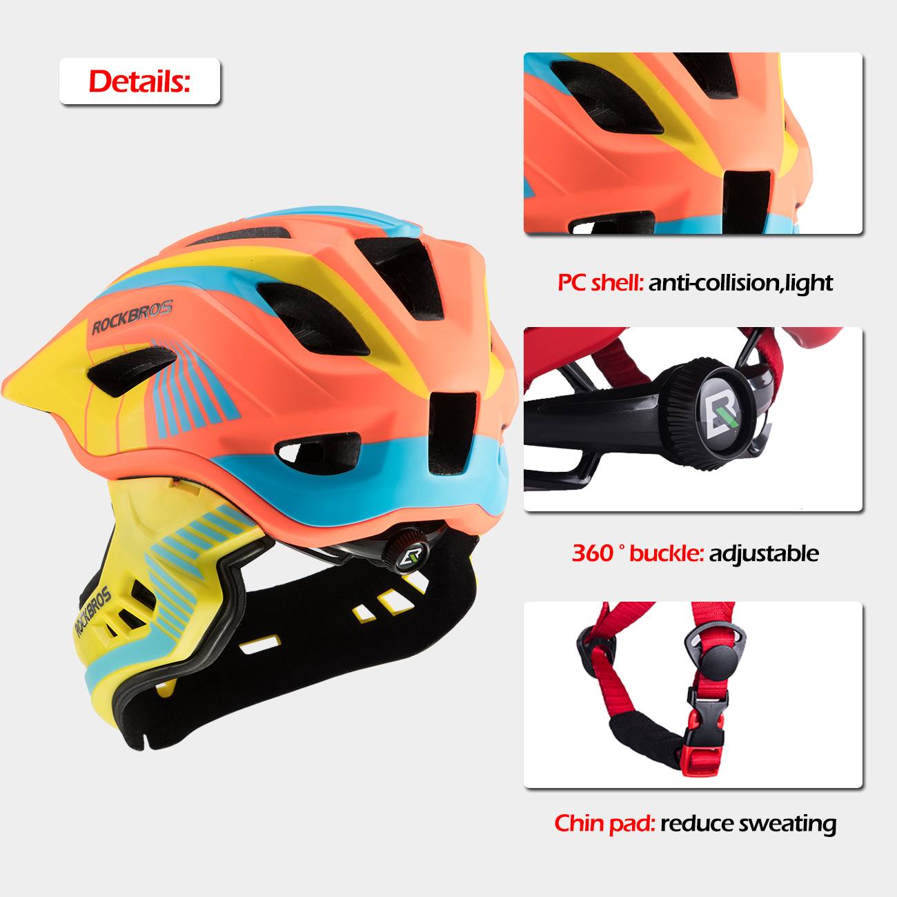 ROCKBROS Kids Helmet Full Face Protective Detachable 3-16 Youth Child #Color_Orange Yellow