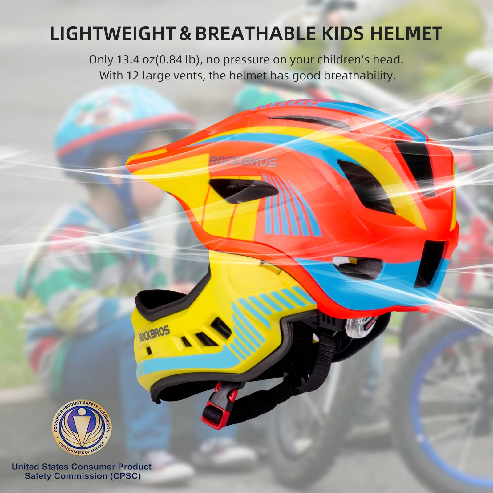 ROCKBROS Kids Helmet Full Face Protective Detachable 3-16 Youth Child #Color_Orange Yellow