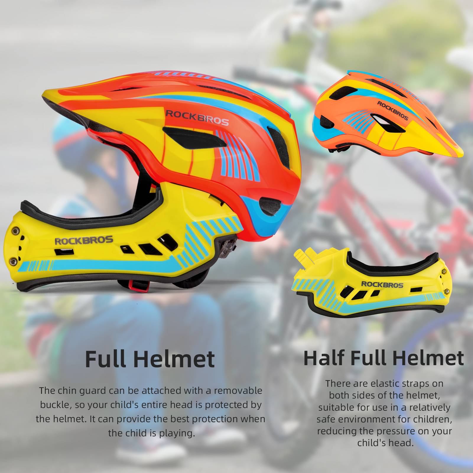 ROCKBROS Kids Helmet Full Face Protective Detachable 3-16 Youth Child #Color_Orange Yellow