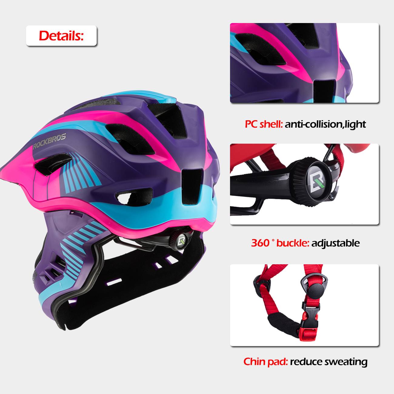 ROCKBROS Kids Helmet Full Face Protective Detachable 3-16 Youth Child #Color_Pink Purple