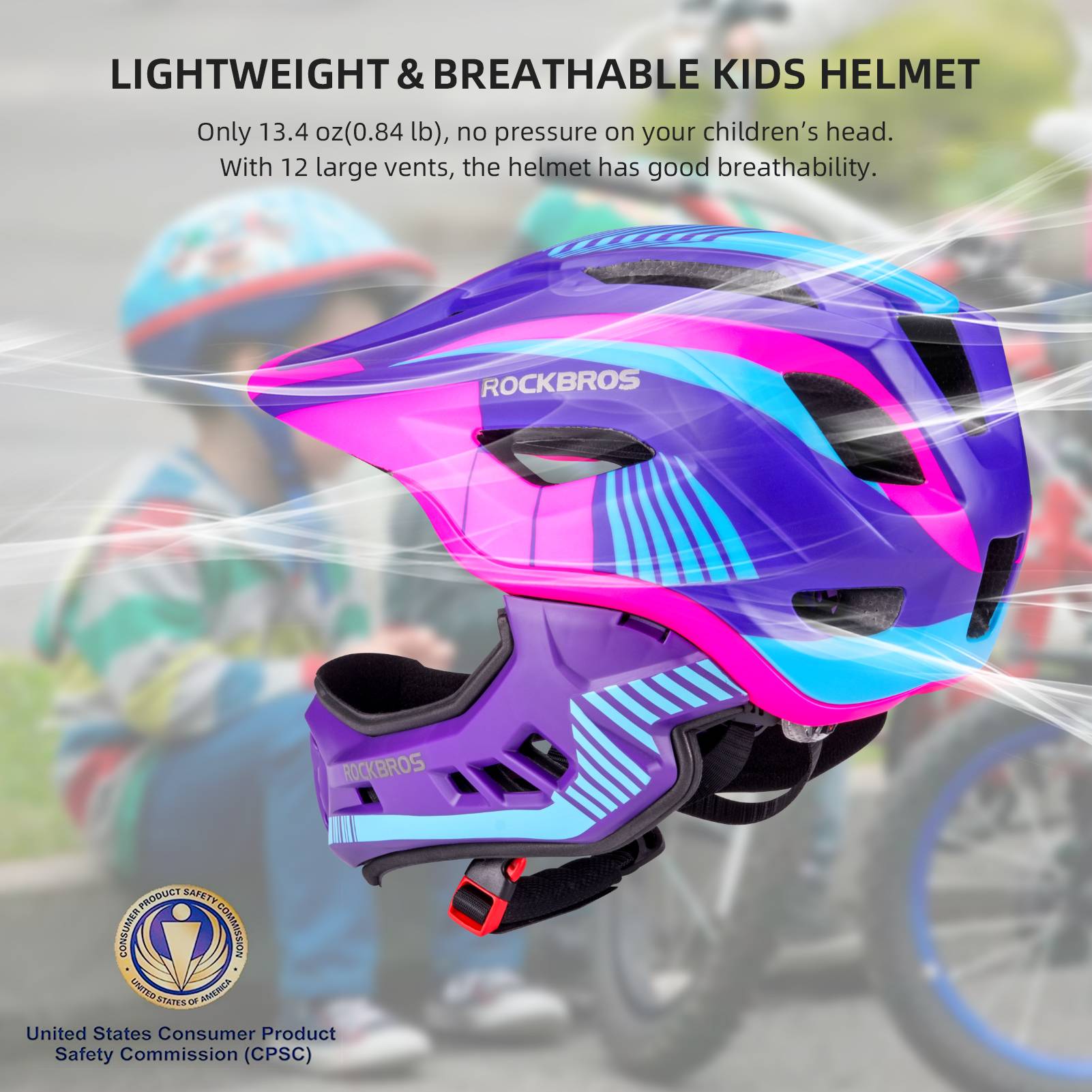 ROCKBROS Kids Helmet Full Face Protective Detachable 3-16 Youth Child #Color_Pink Purple