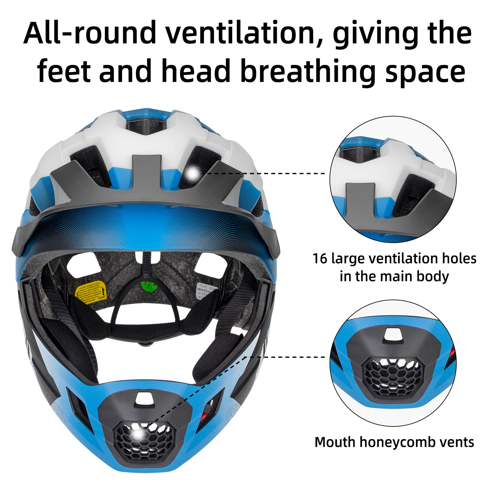 ROCKBROS Kids Helmet Safety Full Face Helmet for BMX MTB & Skateboard #Color_Blue