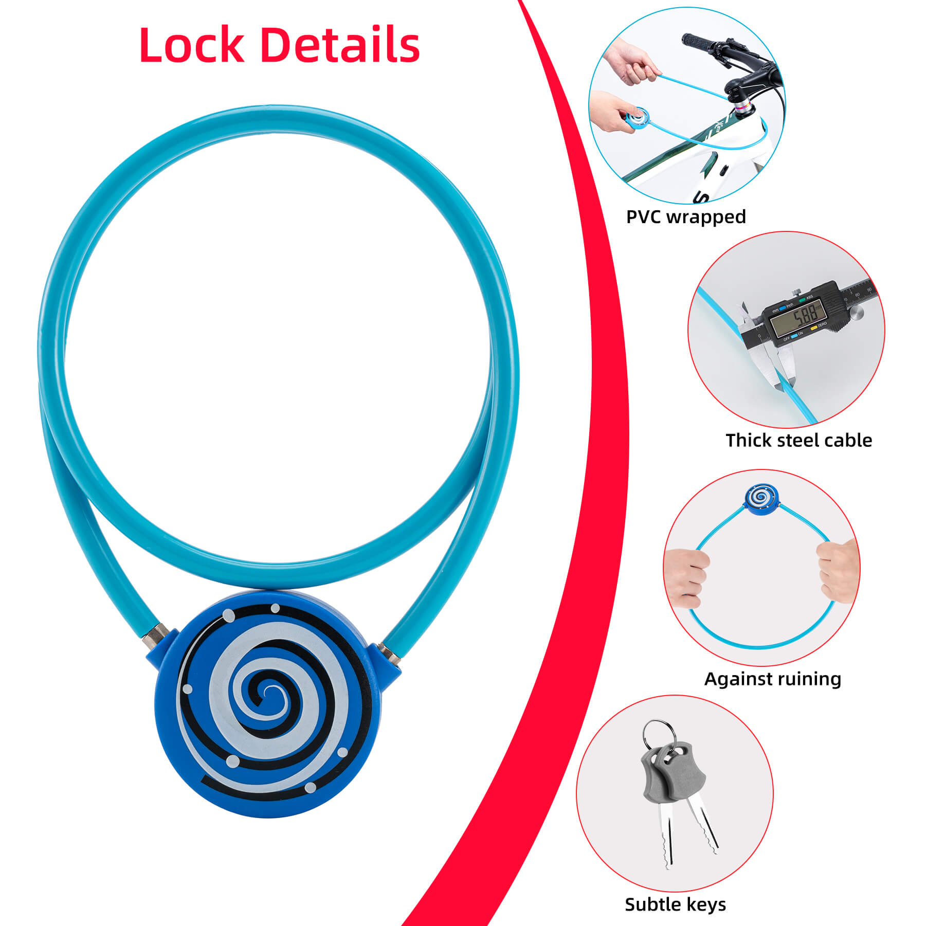 ROCKBROS Lightweight 92g Bike Lock, 5.89mm Anti-Theft Cable for Bikes & More  #Color_Blue