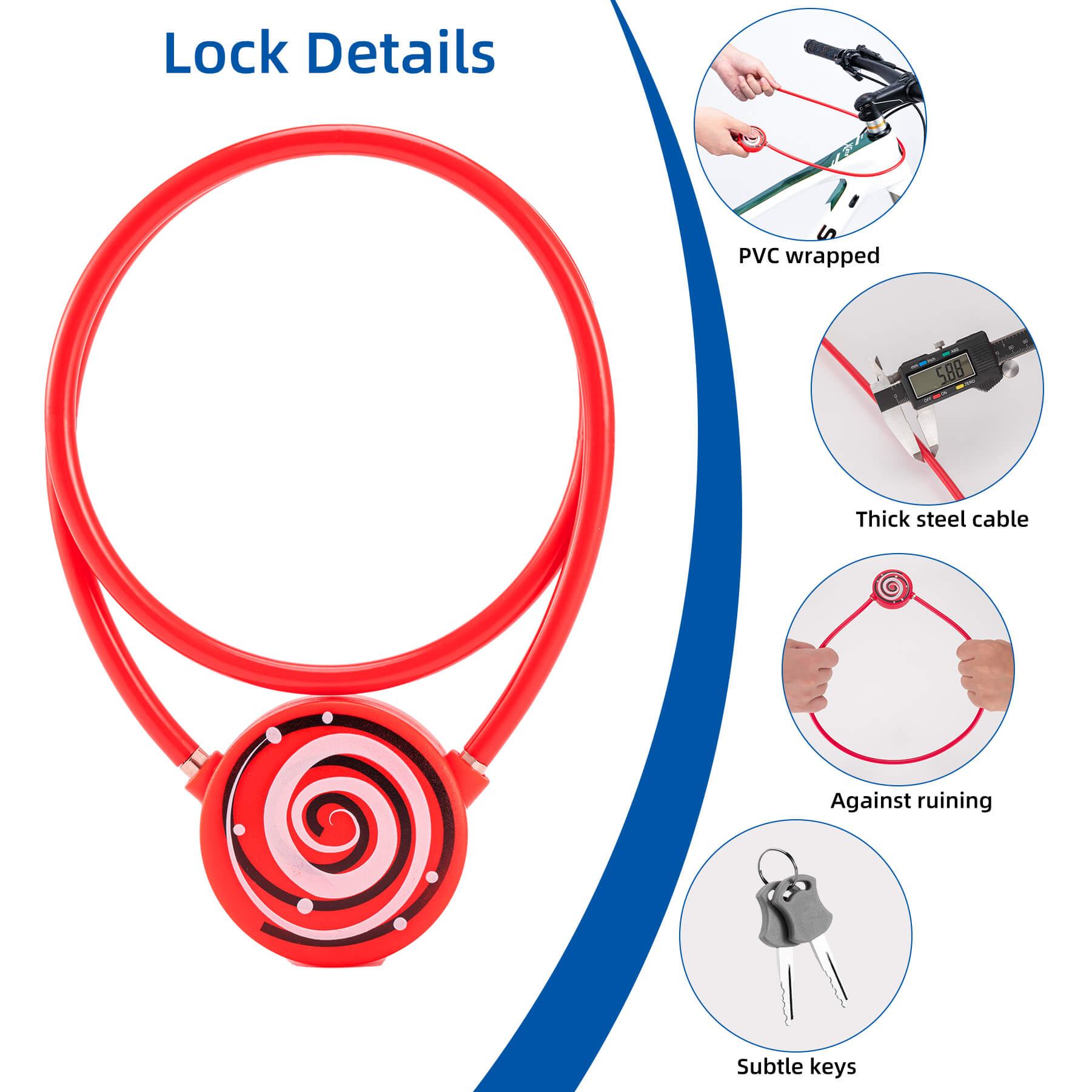 ROCKBROS Lightweight 92g Bike Lock, 5.89mm Anti-Theft Cable for Bikes & More  #Color_Fiery Red