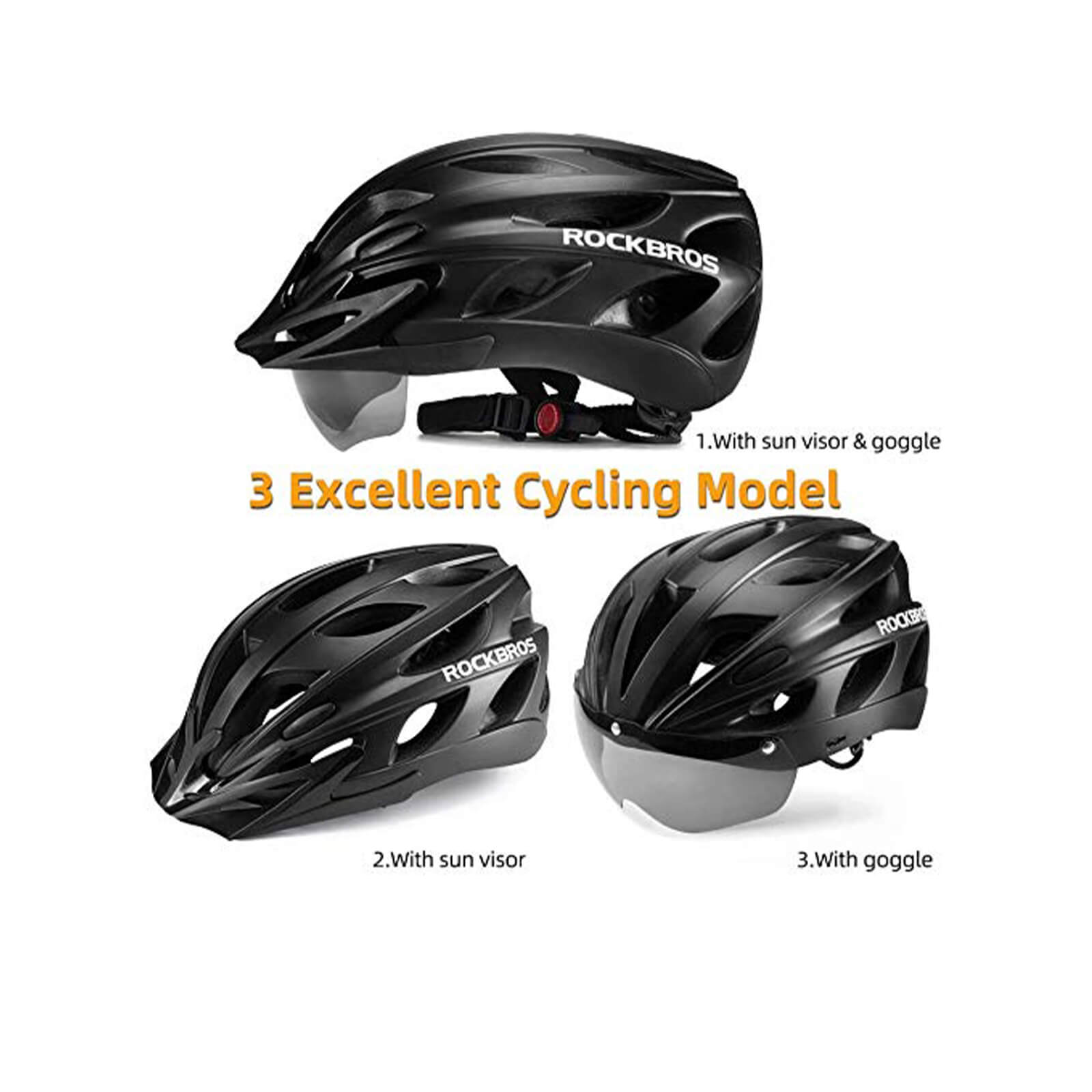 ROCKBROS Lightweight Cycling Helmet for Adults 24 Vents with Visor & Goggles #Color_Black