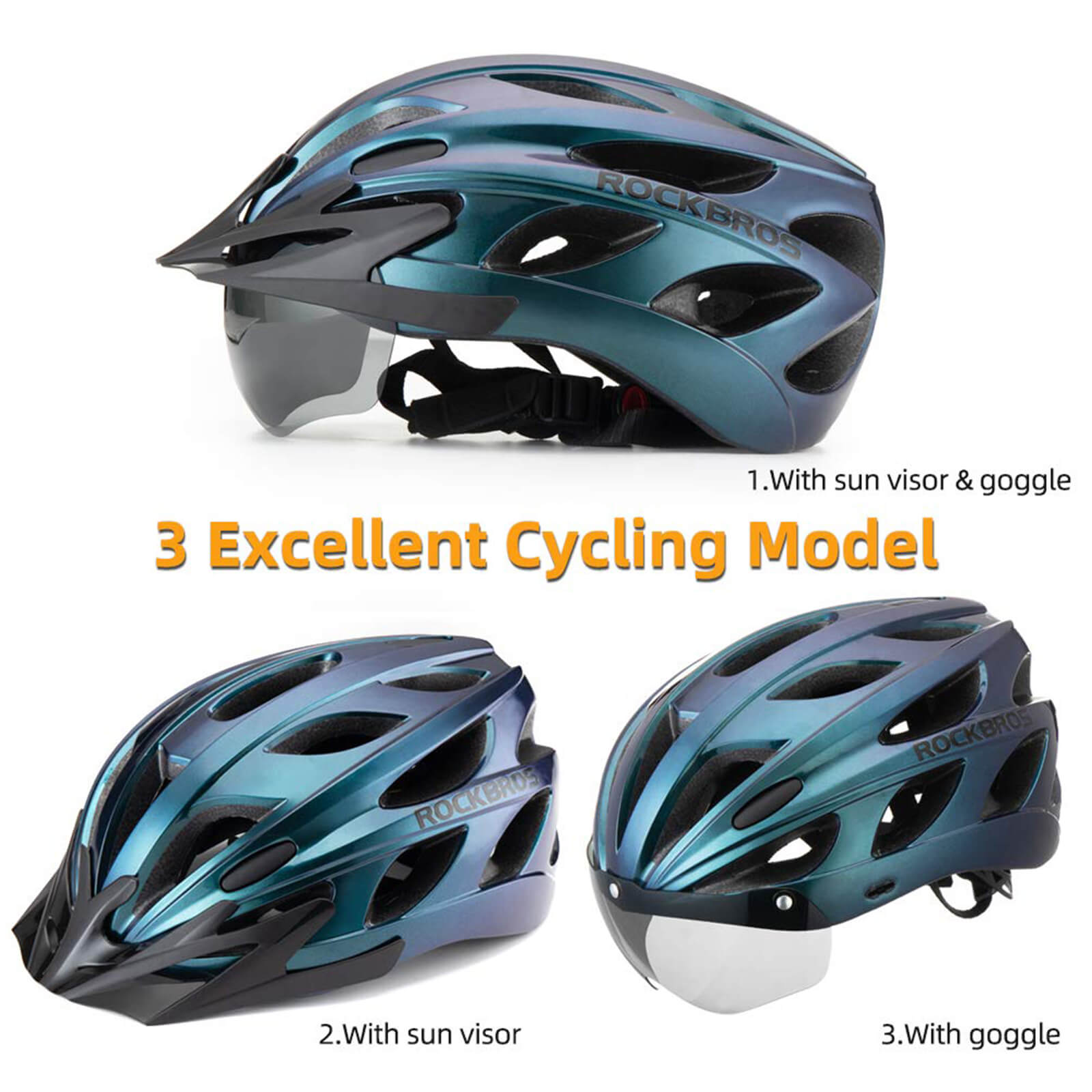 ROCKBROS Lightweight Cycling Helmet for Adults 24 Vents with Visor & Goggles #Color_Blue