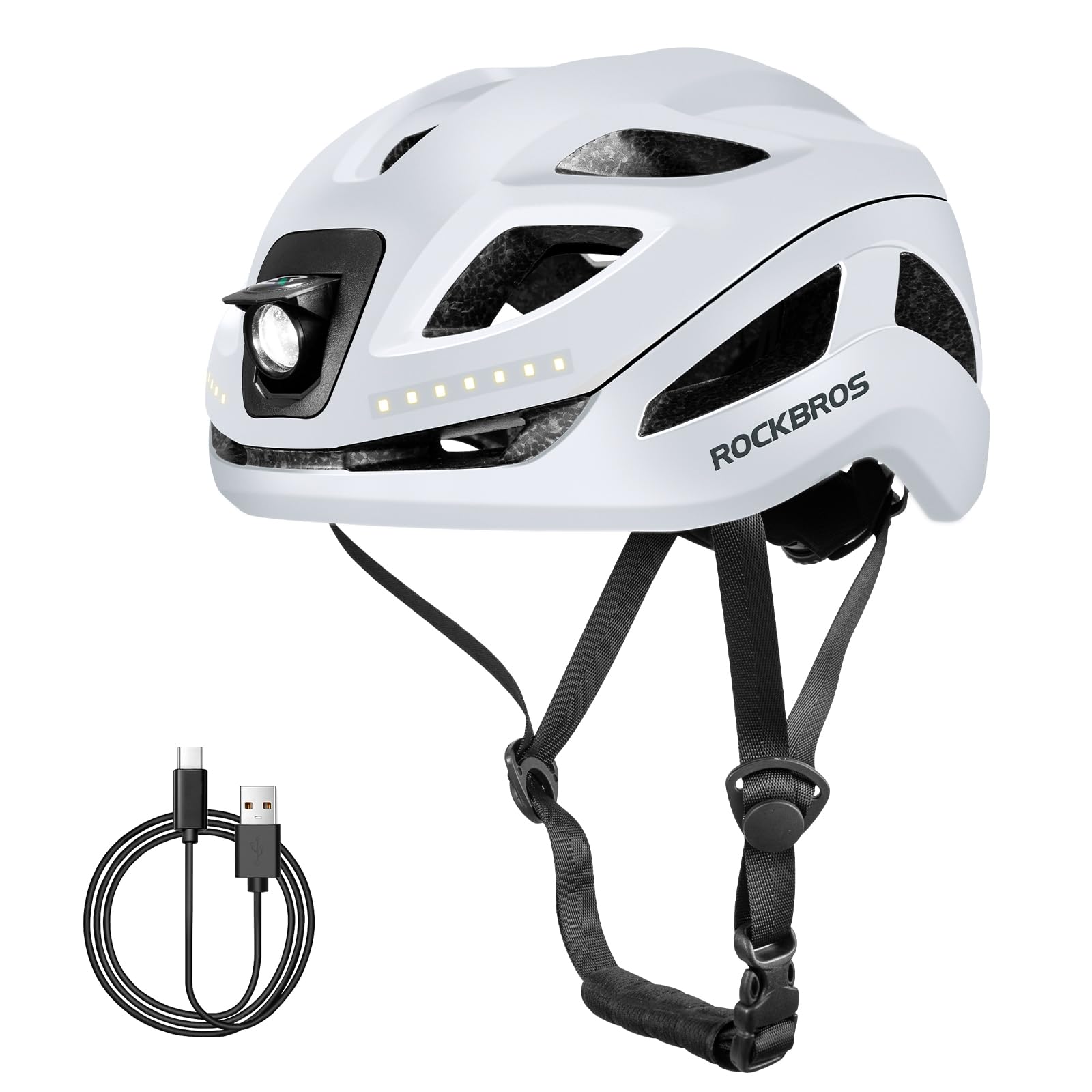 ROCKBROS Lightweight MTB Helmet with USB Light Breathable Adjustable #Color_Soft White