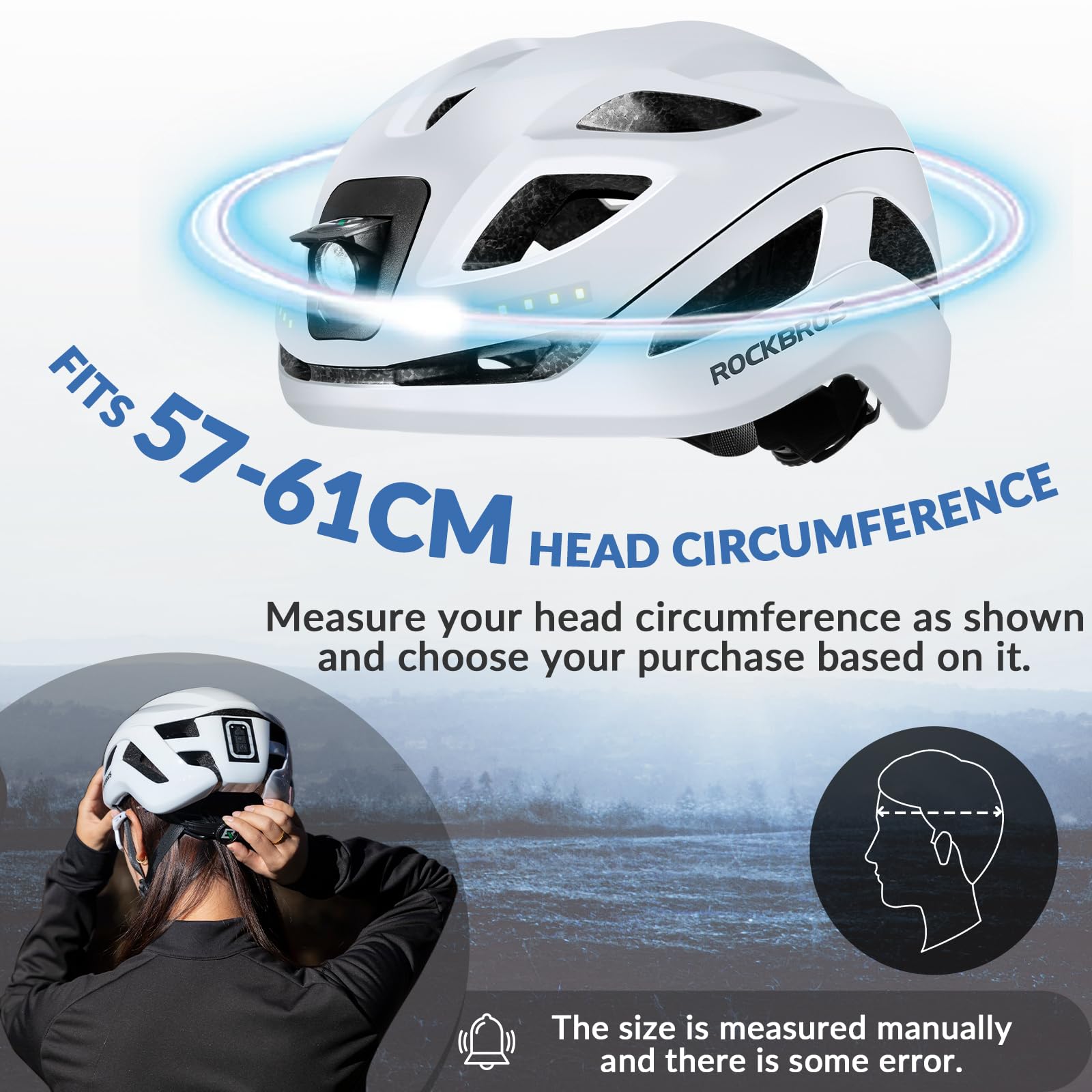 ROCKBROS Lightweight MTB Helmet with USB Light Breathable Adjustable #Color_Soft White