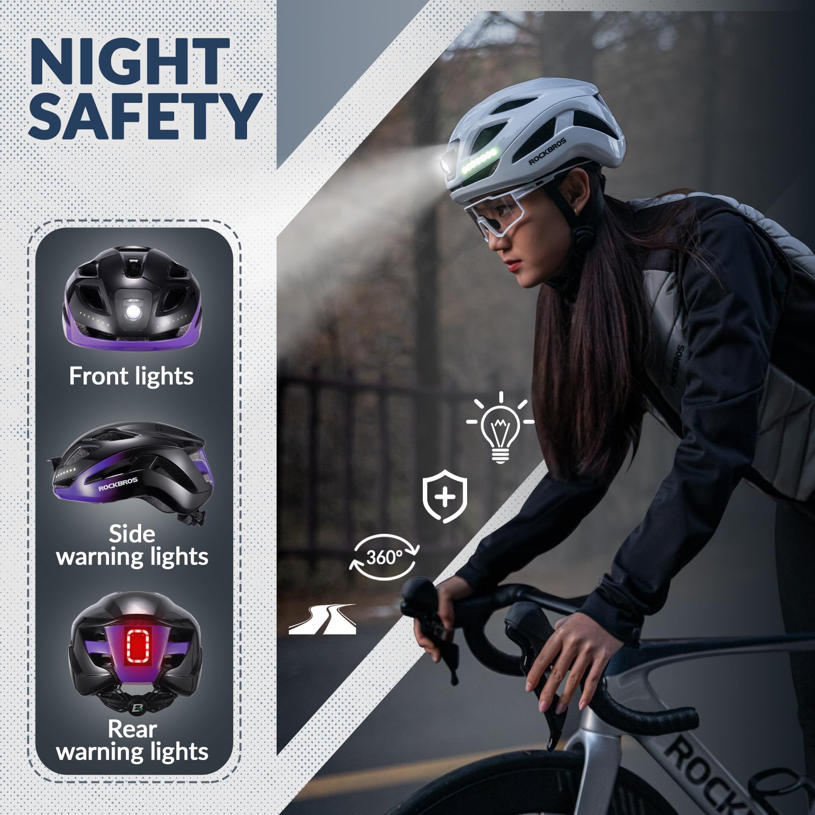 ROCKBROS Lightweight MTB Helmet with USB Light Breathable Adjustable #Color_Purple Black 