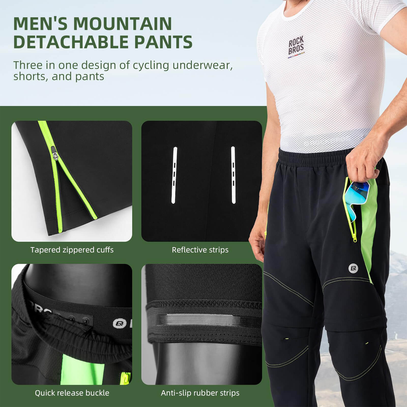 ROCKBROS Men's Double-Layer Detachable Cycling Pants with Padding Breathable