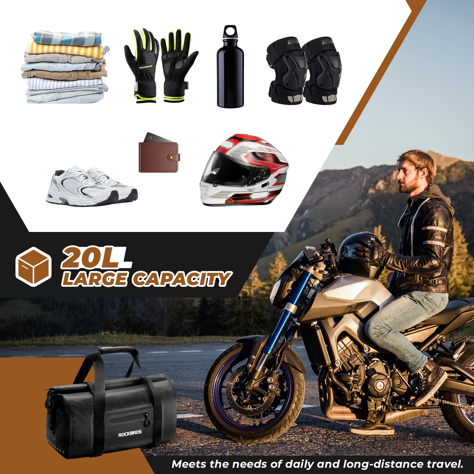 ROCKBROS Motorcycle Tail Bag 100% Waterproof Motorcycle Travel Luggage Bag #Size_20L