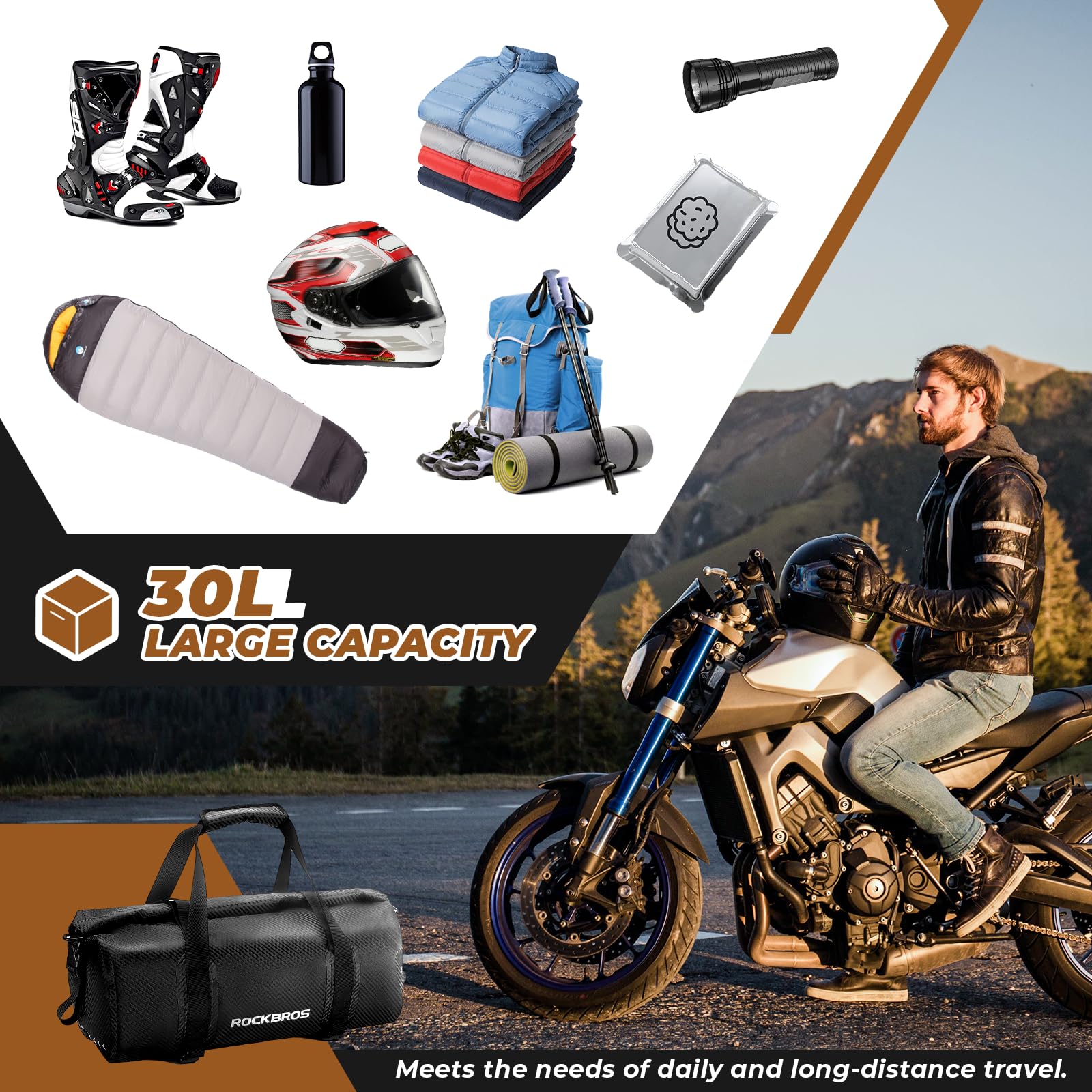 ROCKBROS Motorcycle Tail Bag 100% Waterproof Motorcycle Travel Luggage Bag #Size_30L