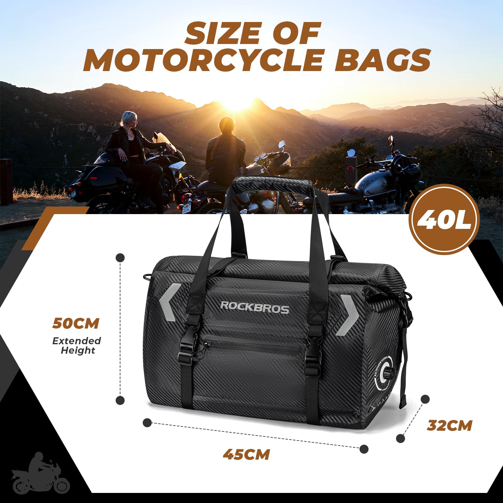 ROCKBROS Motorcycle Tail Bag 100% Waterproof Motorcycle Travel Luggage Bag #Size_40L