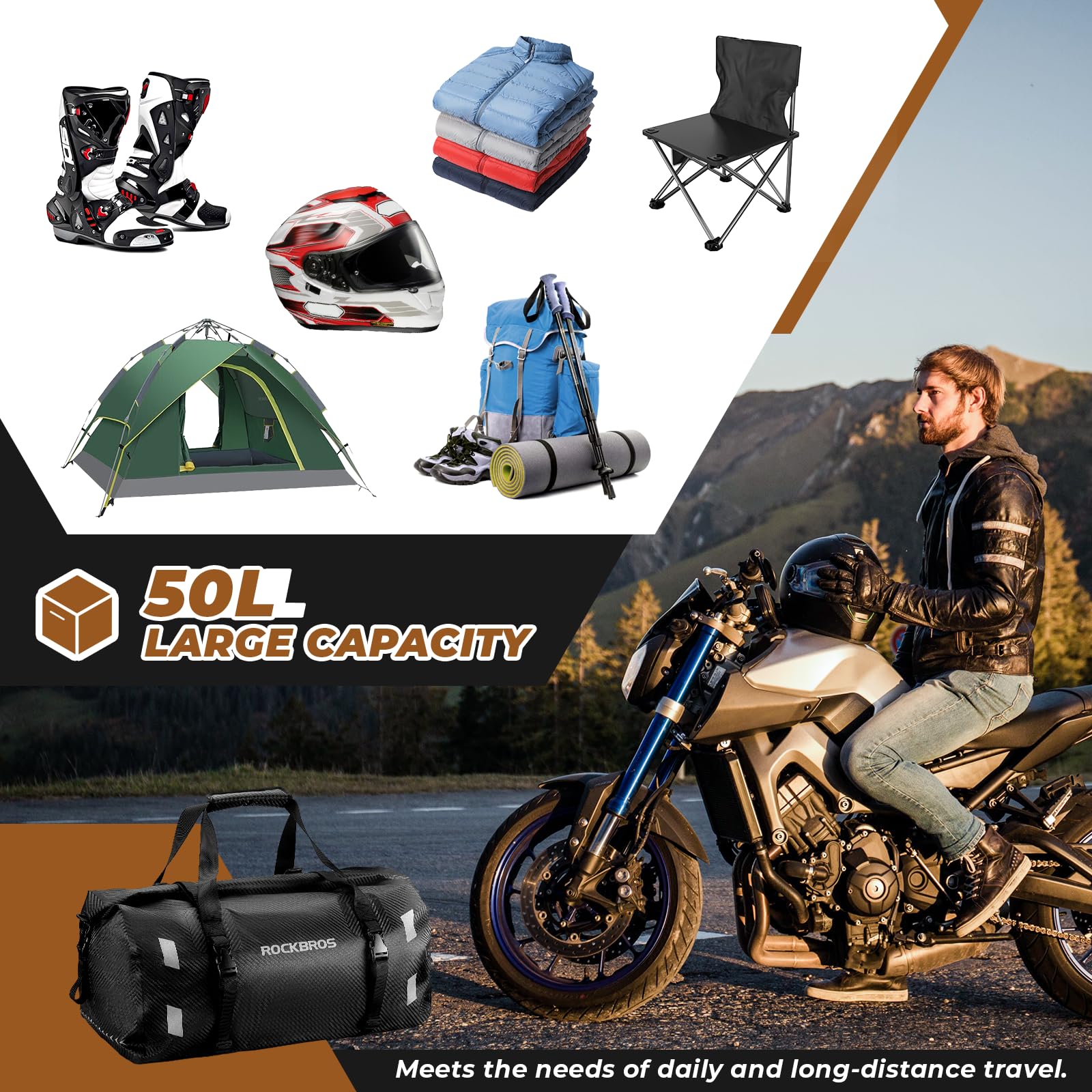 ROCKBROS Motorcycle Tail Bag 100% Waterproof Motorcycle Travel Luggage Bag #Size_50L