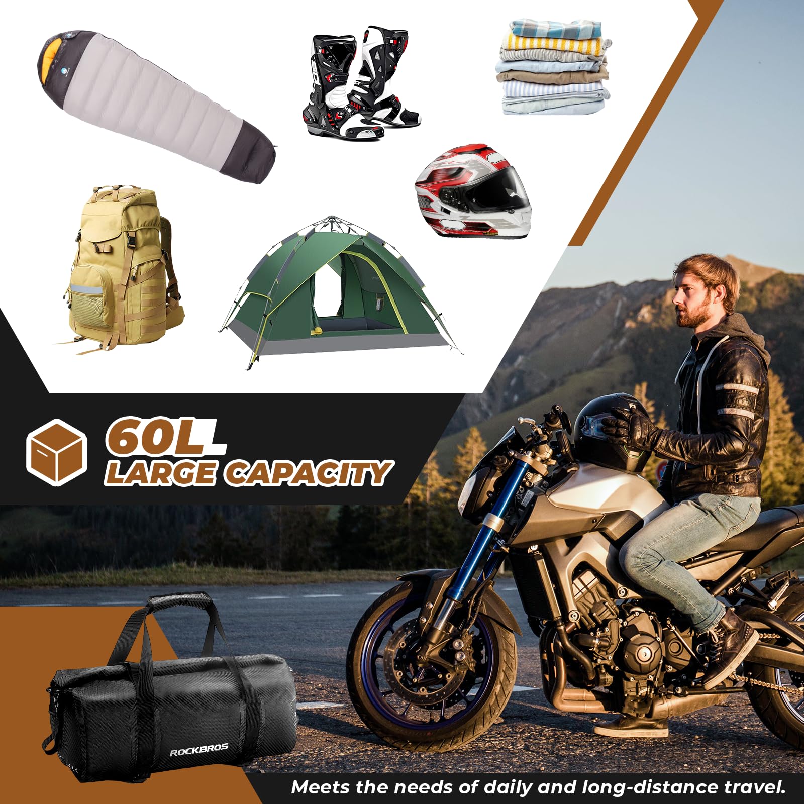 ROCKBROS Motorcycle Tail Bag 100% Waterproof Motorcycle Travel Luggage Bag #Size_60L