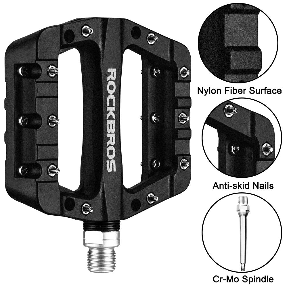 ROCKBROS Nylon Bike Pedals 9/16" Cycling Flat Pedals Widened Type #Color_Black