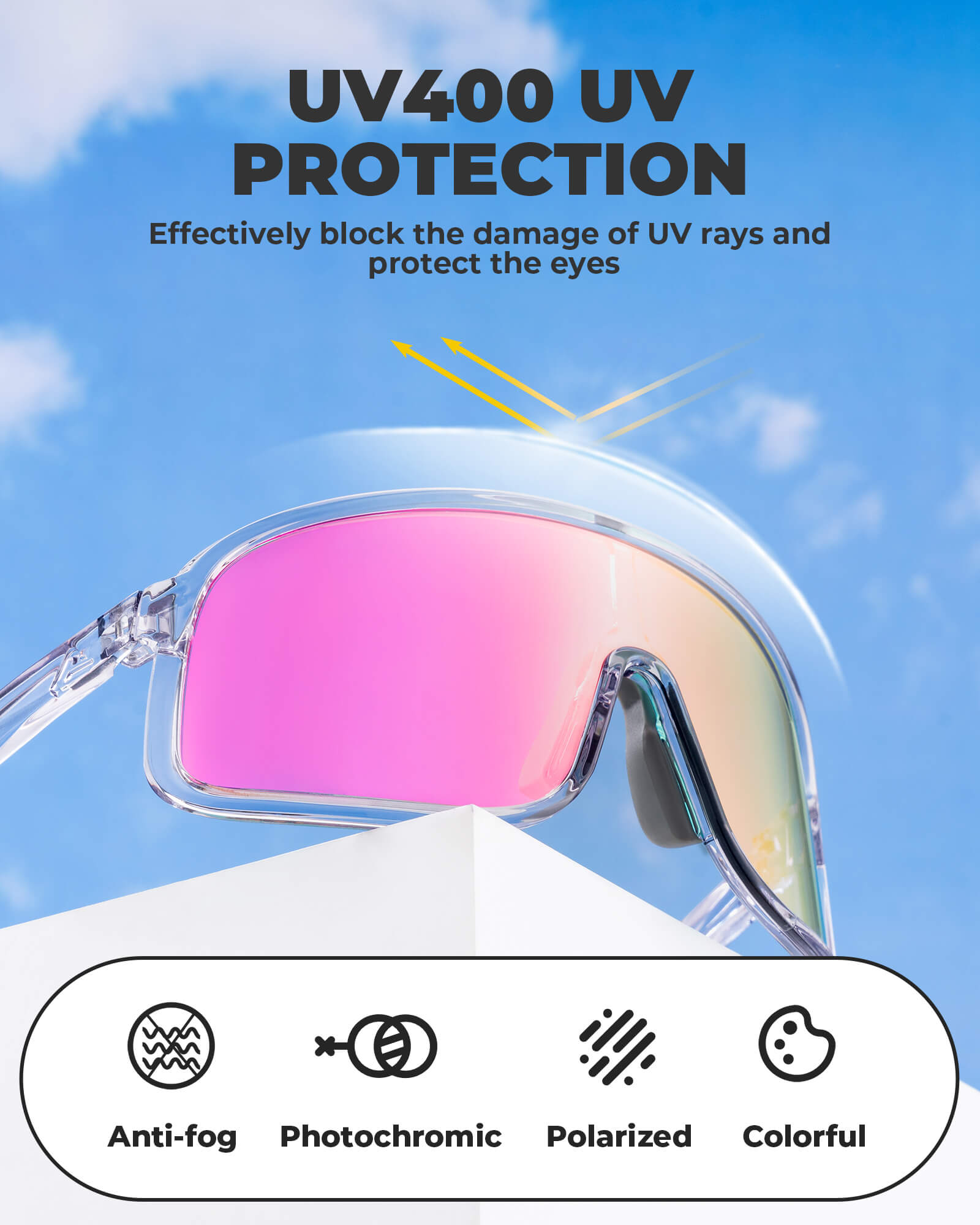 ROCKBROS photochromic cycling glasses, antifog transparent sunglasses with UV400 protection, ideal for outdoor sports.#Color_Black