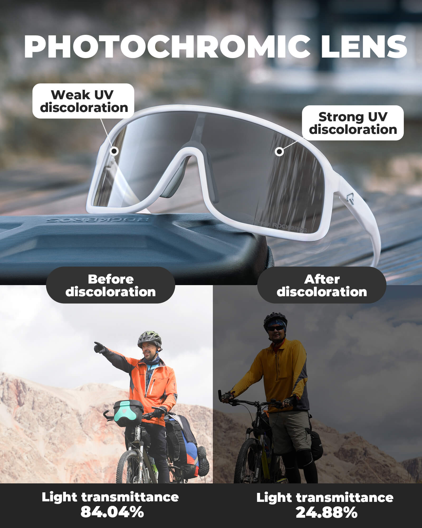 ROCKBROS photochromic cycling glasses, antifog transparent sunglasses with UV400 protection, ideal for outdoor sports.#Color_White