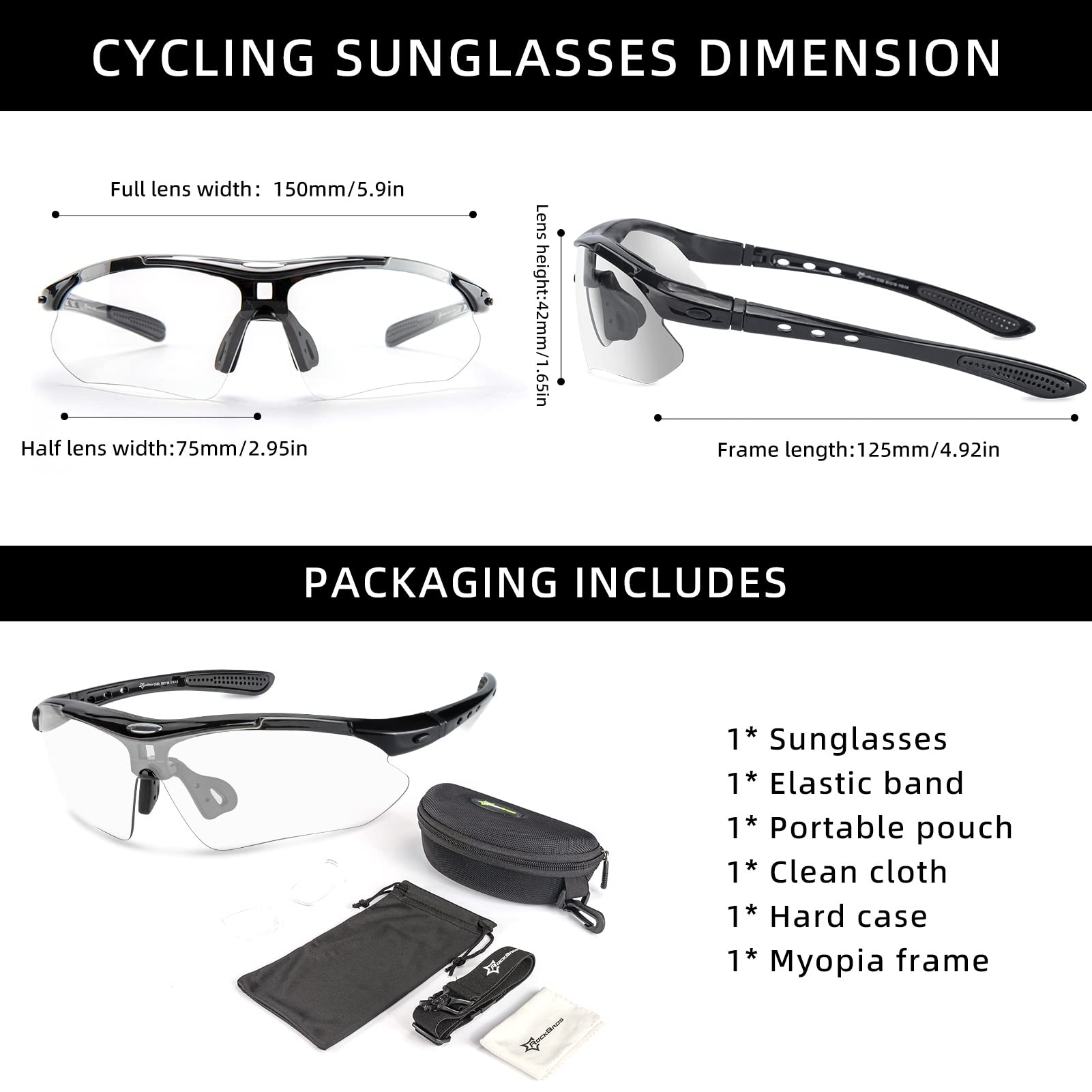 ROCKBROS Photochromic Outdoor Sport Sunglasses With Changeable Straps #Color_Black