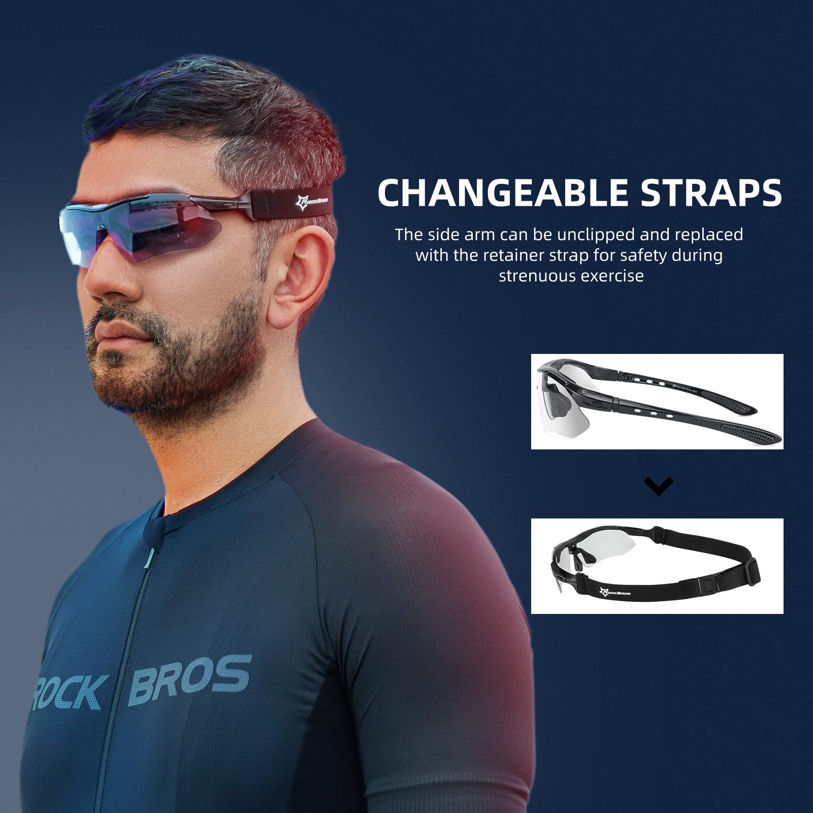 ROCKBROS Photochromic Outdoor Sport Sunglasses With Changeable Straps