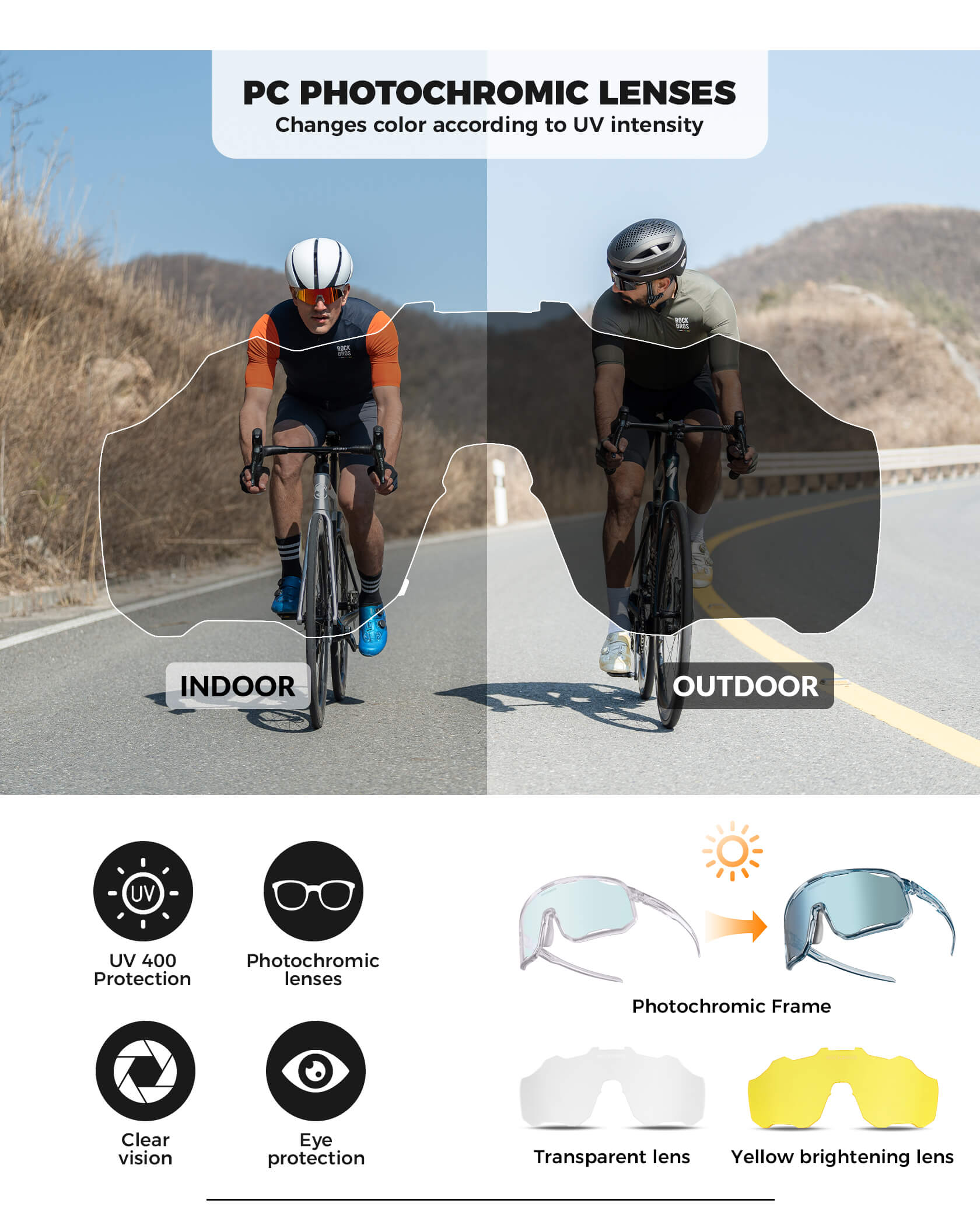 ROCKBROS photochromic sunglasses, UV400 protection, transparent cycling glasses, windproof, TR90 frame, ideal for outdoor sports #Color_Sky Blue