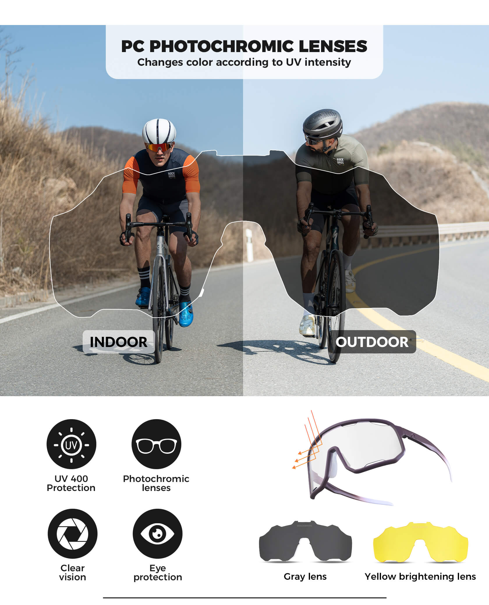 ROCKBROS photochromic sunglasses, UV400 protection, transparent cycling glasses, windproof, TR90 frame, ideal for outdoor sports #Color_Mauve