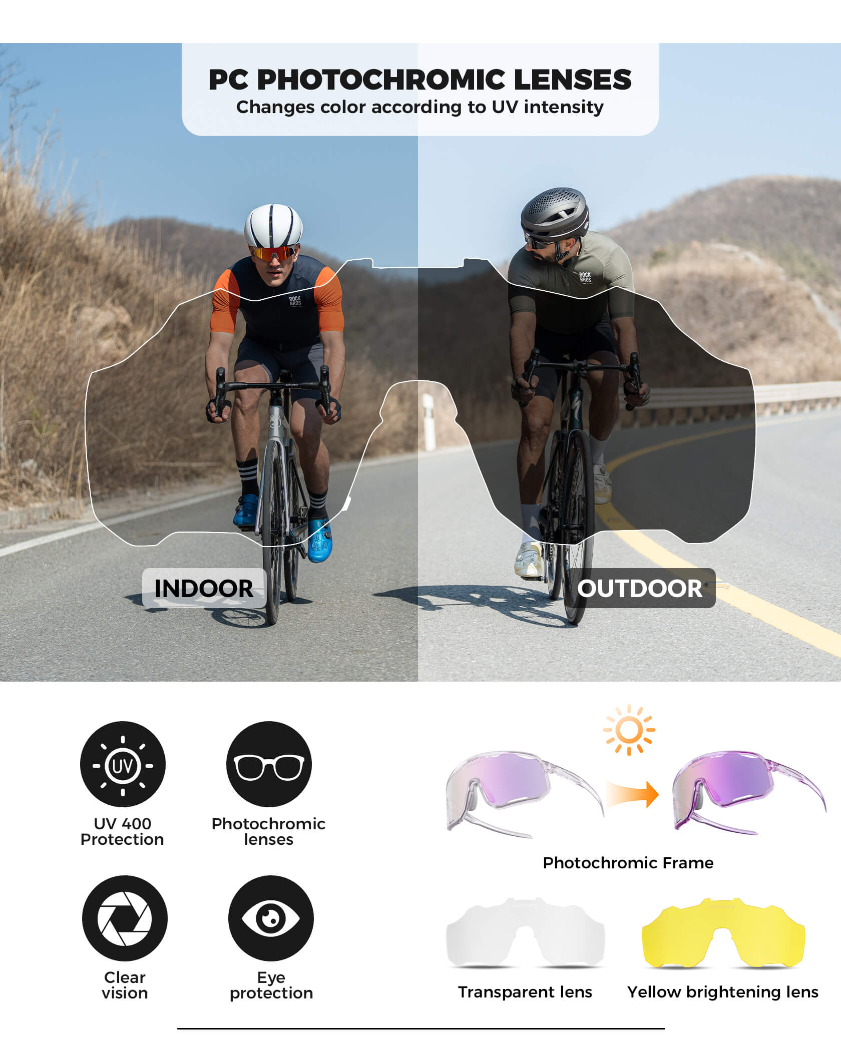 ROCKBROS photochromic sunglasses, UV400 protection, transparent cycling glasses, windproof, TR90 frame, ideal for outdoor sports #Color_Lavender