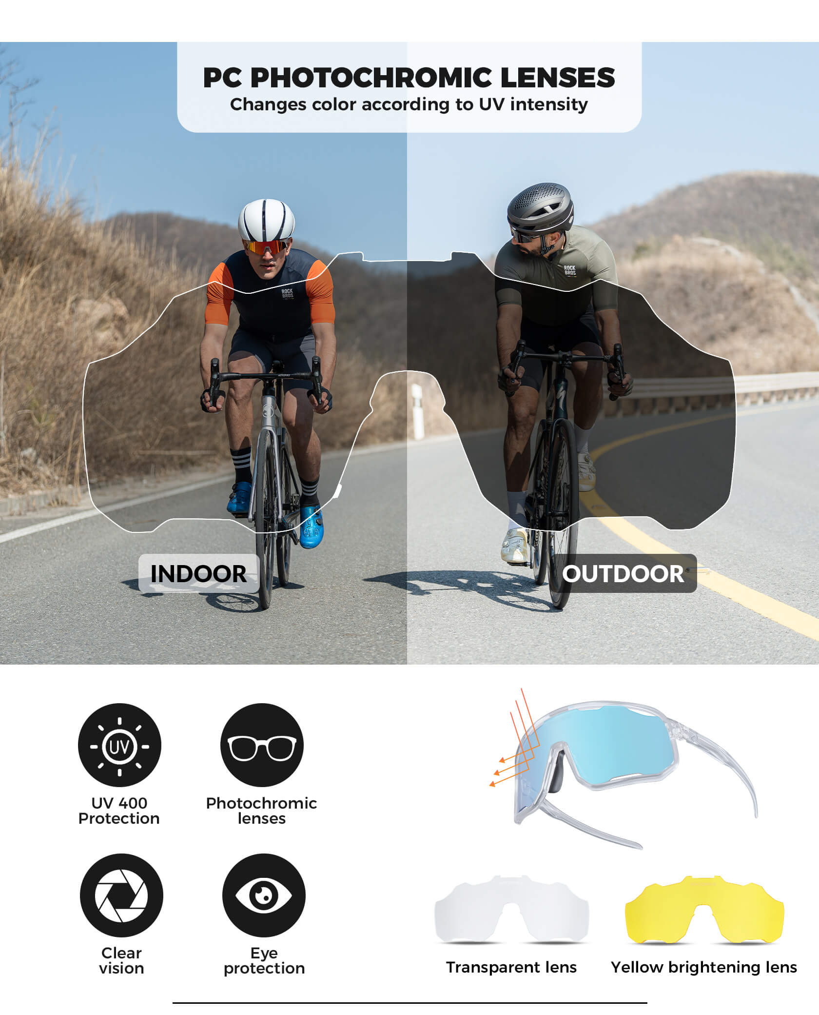 ROCKBROS photochromic sunglasses, UV400 protection, transparent cycling glasses, windproof, TR90 frame, ideal for outdoor sports #Color_Baby Blue