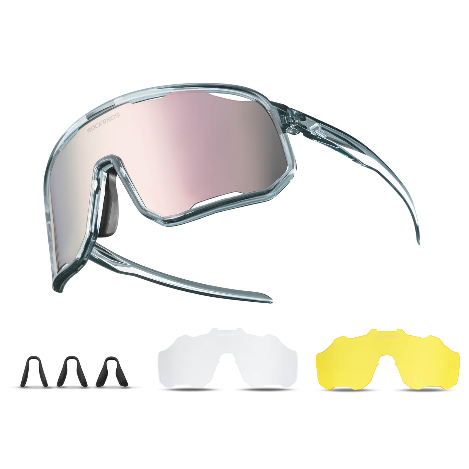 ROCKBROS polarized sunglasses, UV400 protection, transparent cycling glasses, windproof, TR90 frame, perfect for cycling and outdoor sports. #Color_Transparent gray/Polarized light pink