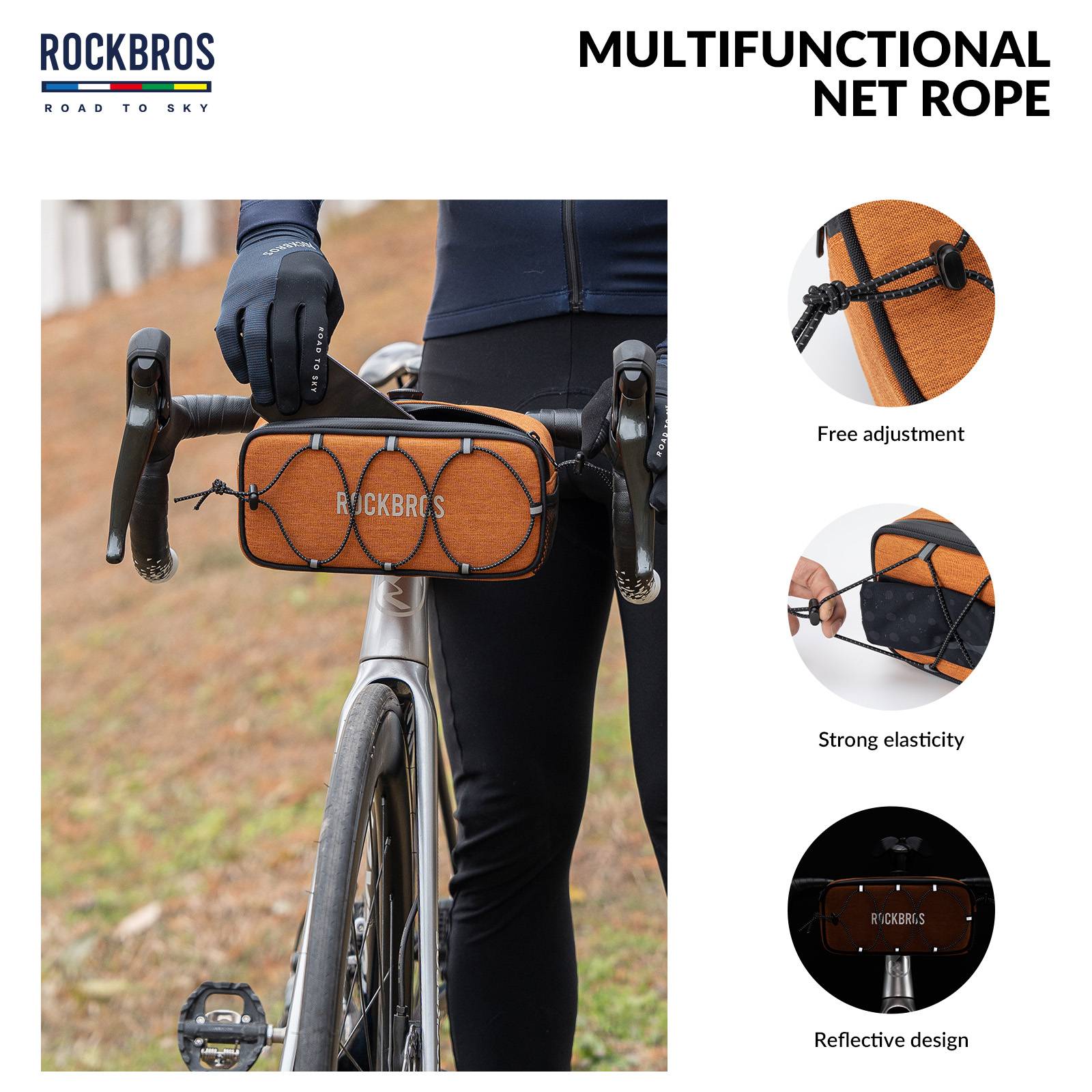 ROCKBROS Road-to-Sky Bicycle Handlebar Bag Waterproof Front Bag 1.9L #Color_Orange