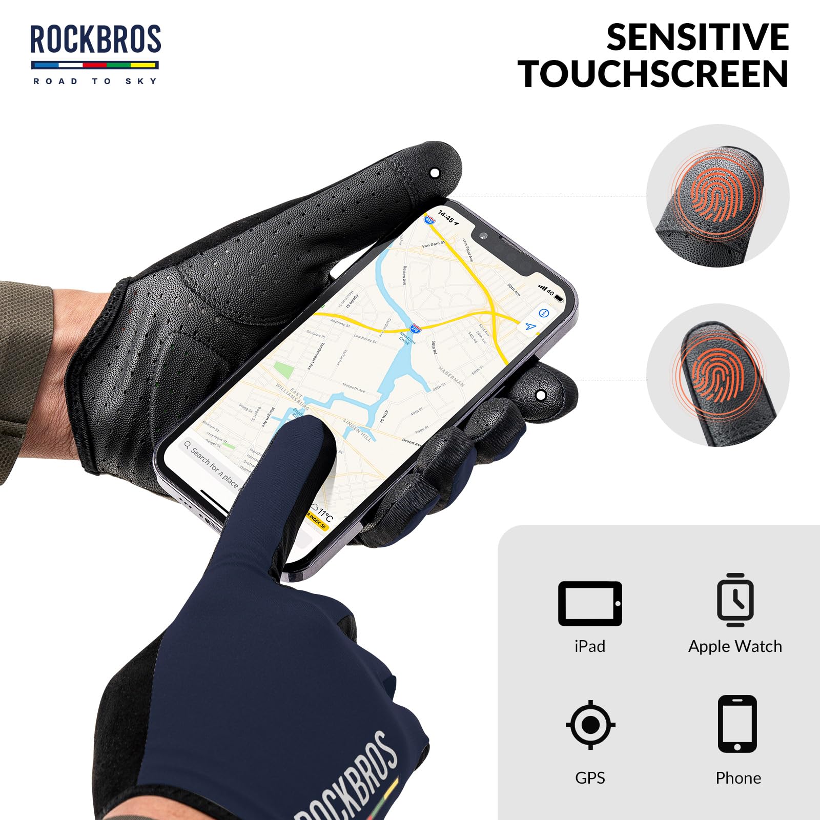 ROCKBROS Road-to-Sky Spring Summer Cycling Gloves Full Finger Touch Screen #Color_Navy Blue