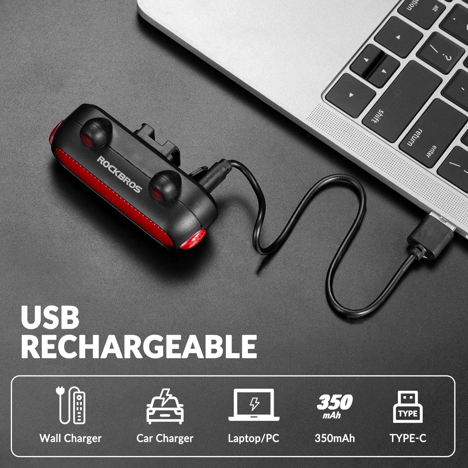 ROCKBROS  USB Rechargeable Waterproof LED Bike Rear Tail Light with 5 Modes 