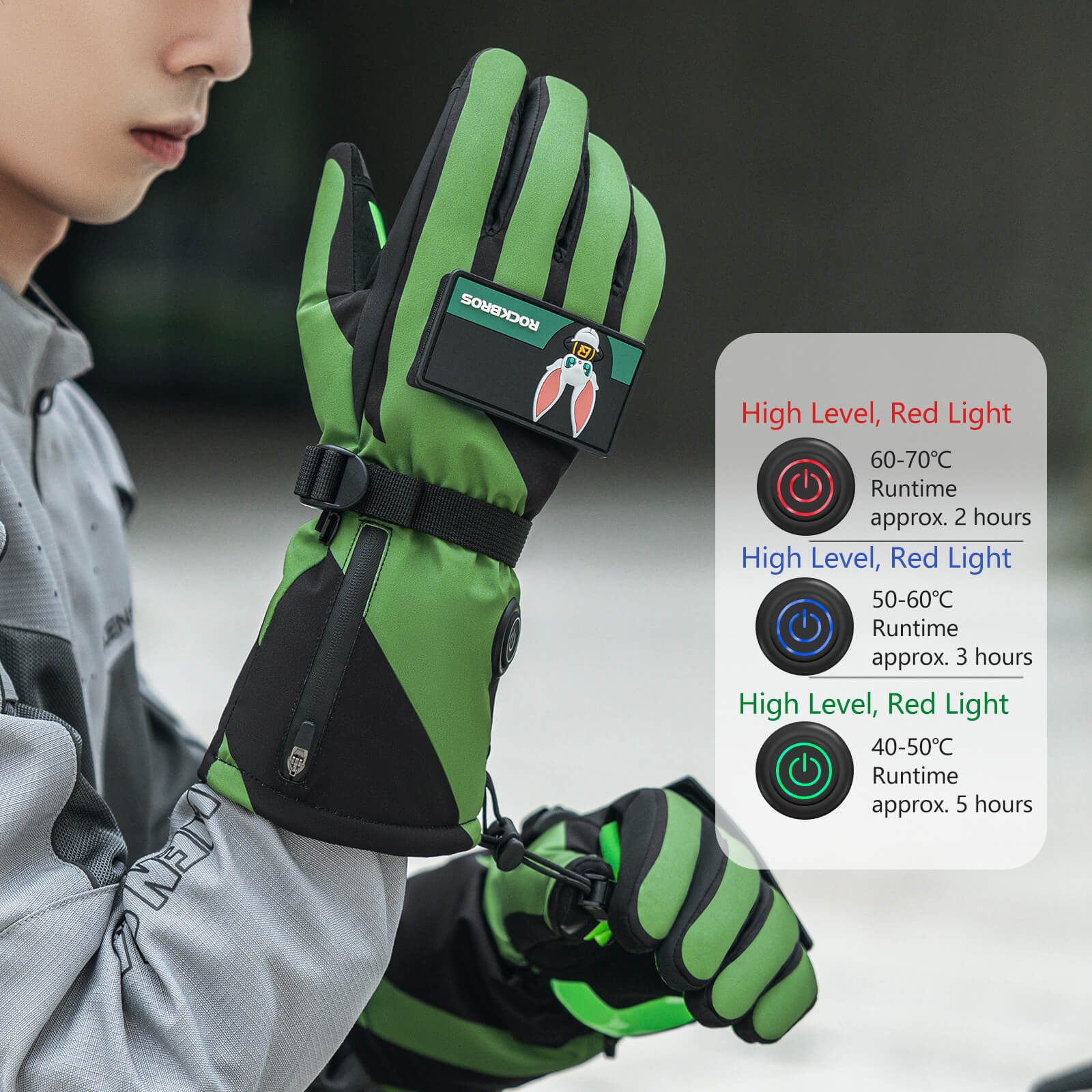 ROCKBROS winter electric heated cycling gloves with 3 adjustable heating levels, ideal for cold weather riding