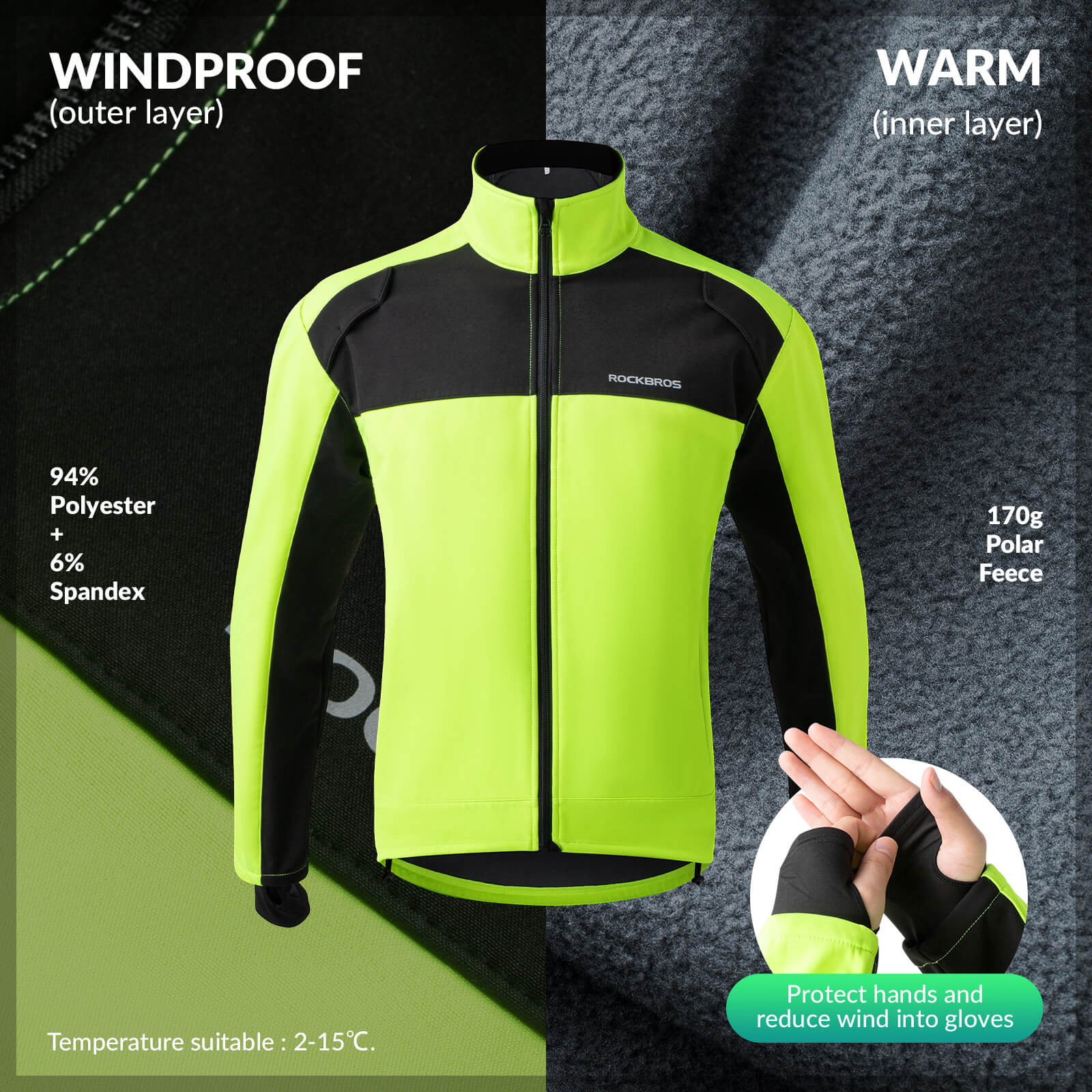 ROCKBROS Winter Thermal Windproof Softshell Cycling Jacket Bright Green