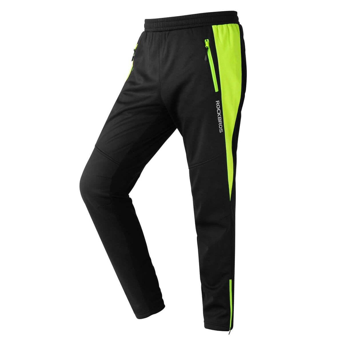 ROCKBROS winter thermal windproof softshell cycling trousers in bright green, ideal for cold weather cycling