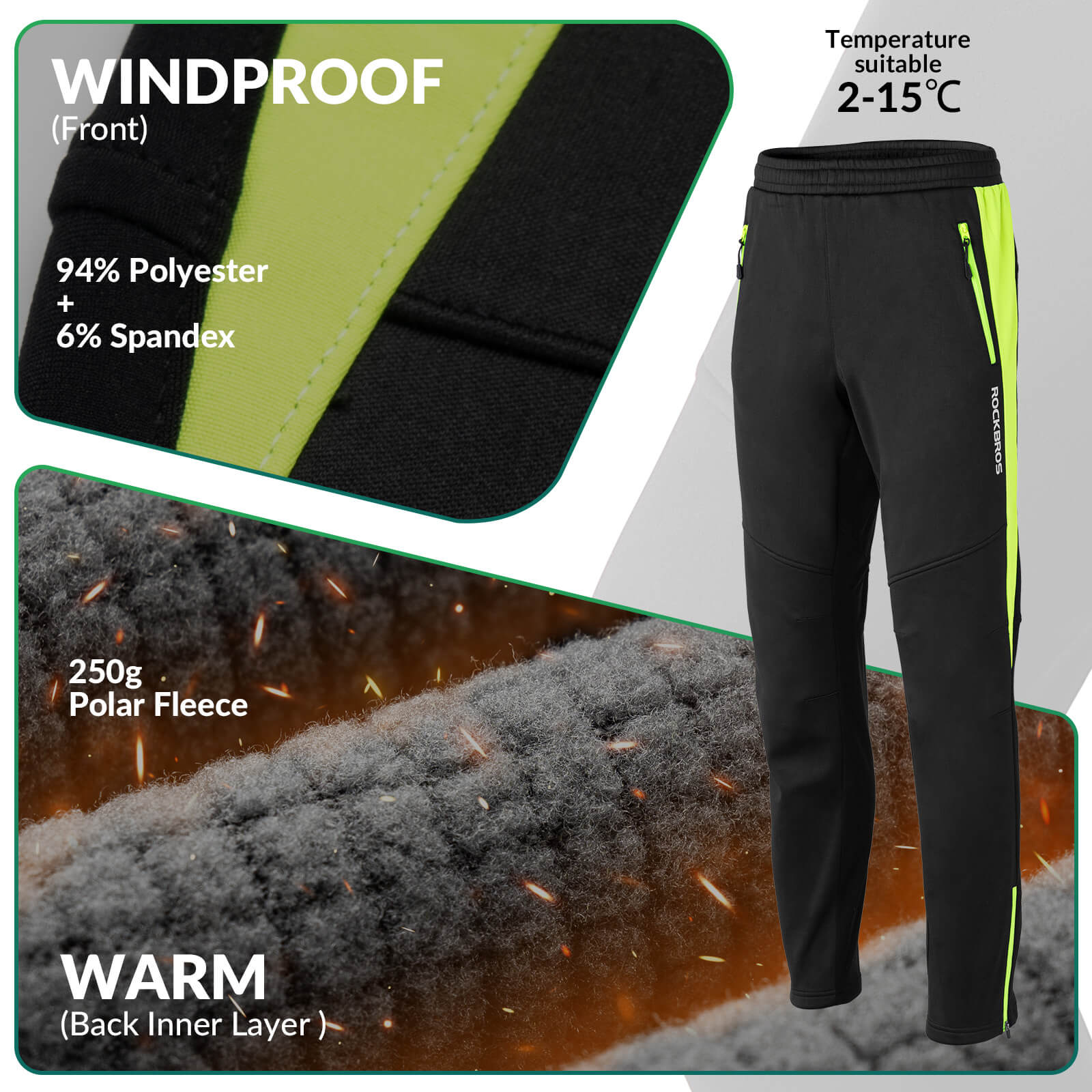 ROCKBROS winter thermal windproof softshell cycling trousers in bright green, ideal for cold weather cycling