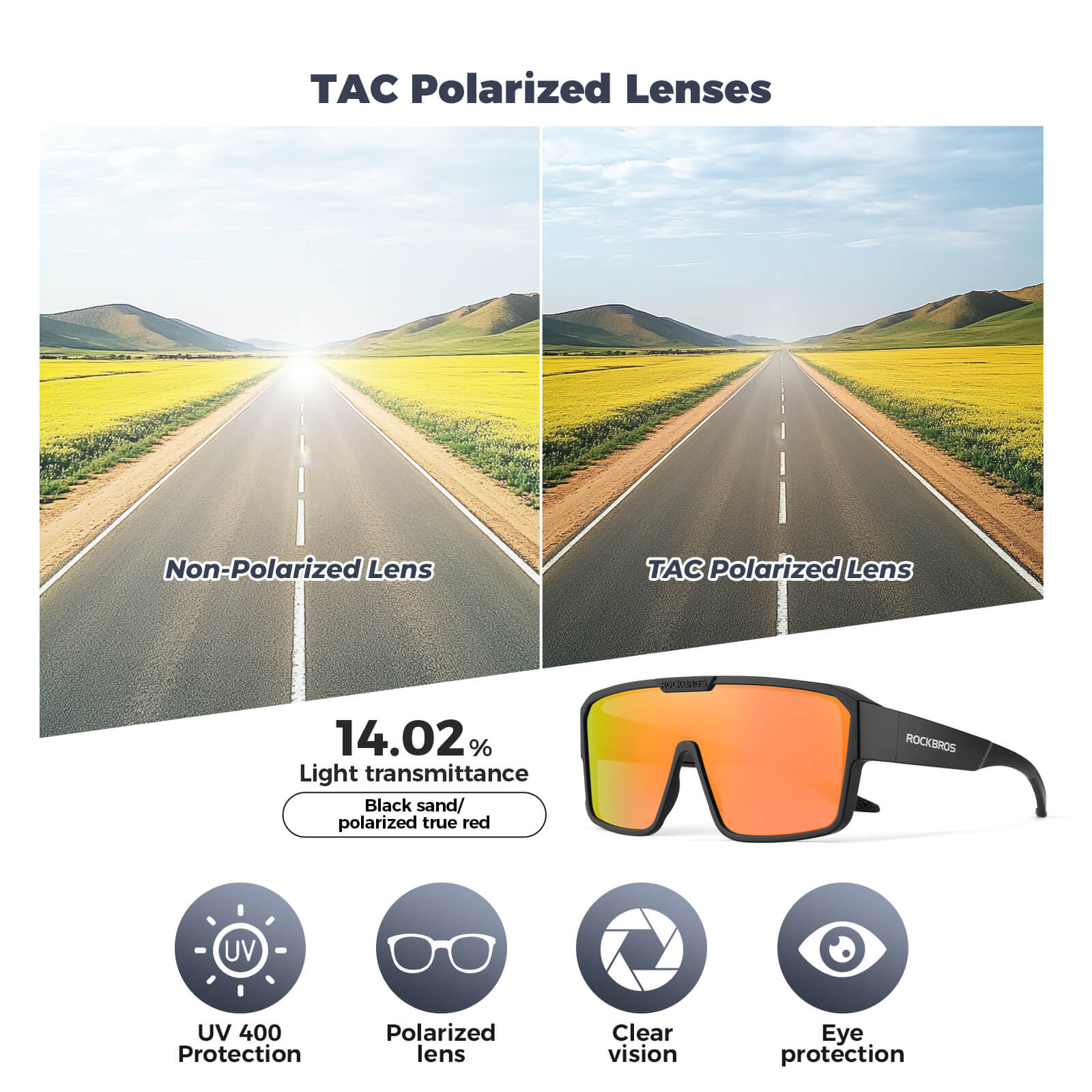 ROCKBROS SP348 polarised cycling sunglasses designed to fit over prescription glasses, UV400 protection and windproof design. #Color_Amber Orange