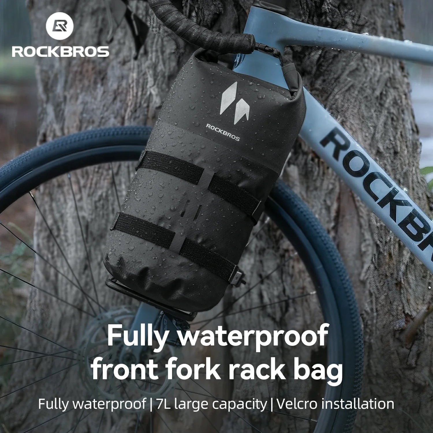 RideMate front fork rack bag showing roll-top closure.