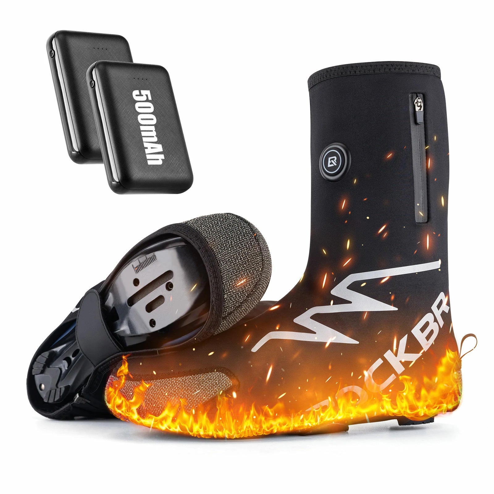 Battery heated cycling overshoes with 5000mAh battery, waterproof and warm shoe covers for winter riding.