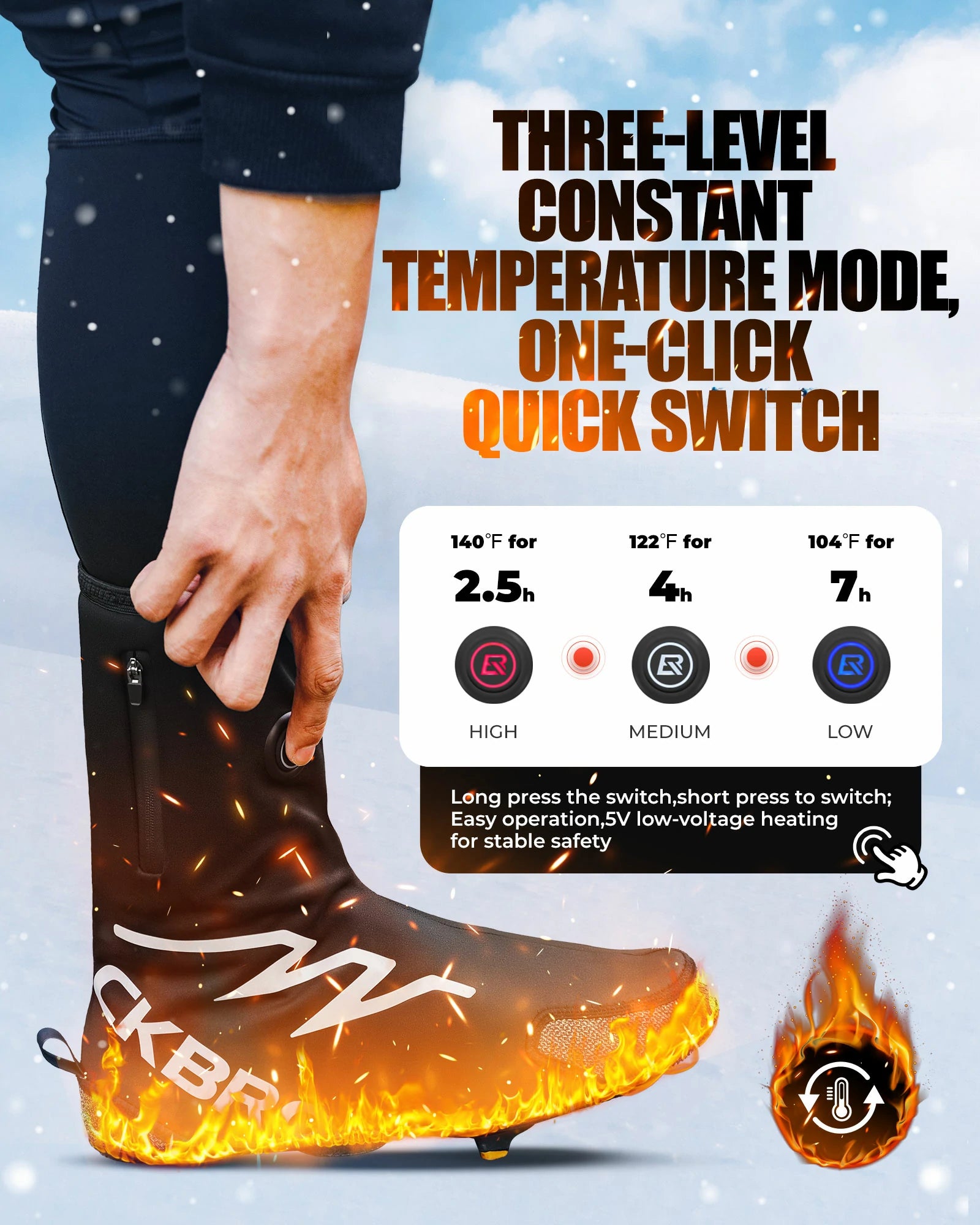 Battery heated cycling overshoes with 5000mAh battery, waterproof and warm shoe covers for winter riding.
