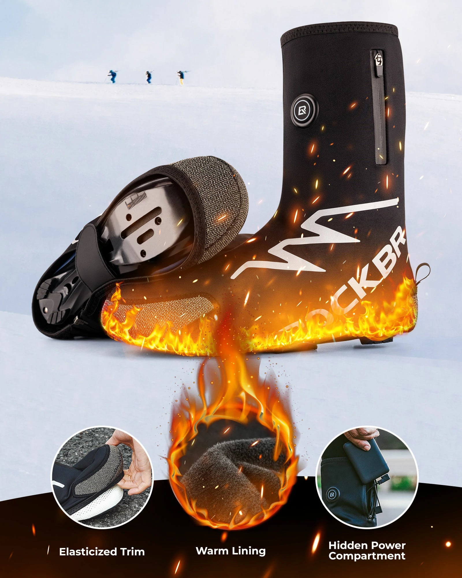 Battery heated cycling overshoes with 5000mAh battery, waterproof and warm shoe covers for winter riding.