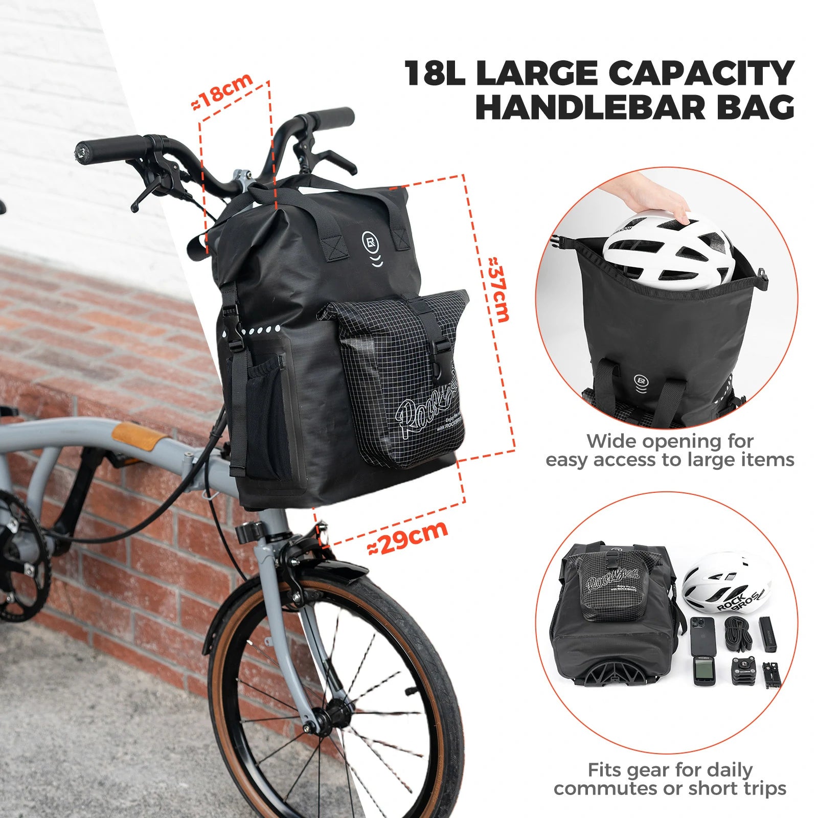 ROCKBROS bike handlebar bag for folding bike 18l